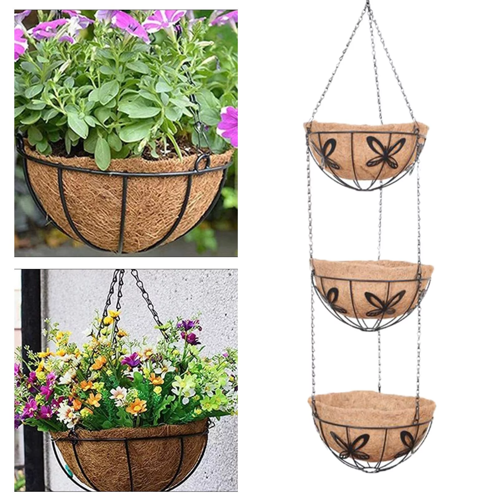 3 Tier Hanging Basket with Coconut Liner Flower Pot Round with Hanging Chain 10 Butterfly