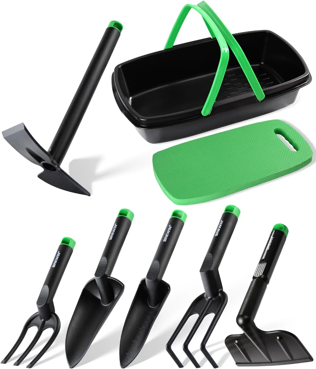 Garden Tool Set, Brewin Gardening Tool Set with Multi-Purpose Basket, Garden Kneeler, Trowel, Transplanter, Fork, Cultivator, Hand Hoe, Claw. Sturdy & Lightweight Outdoor Hand Tools