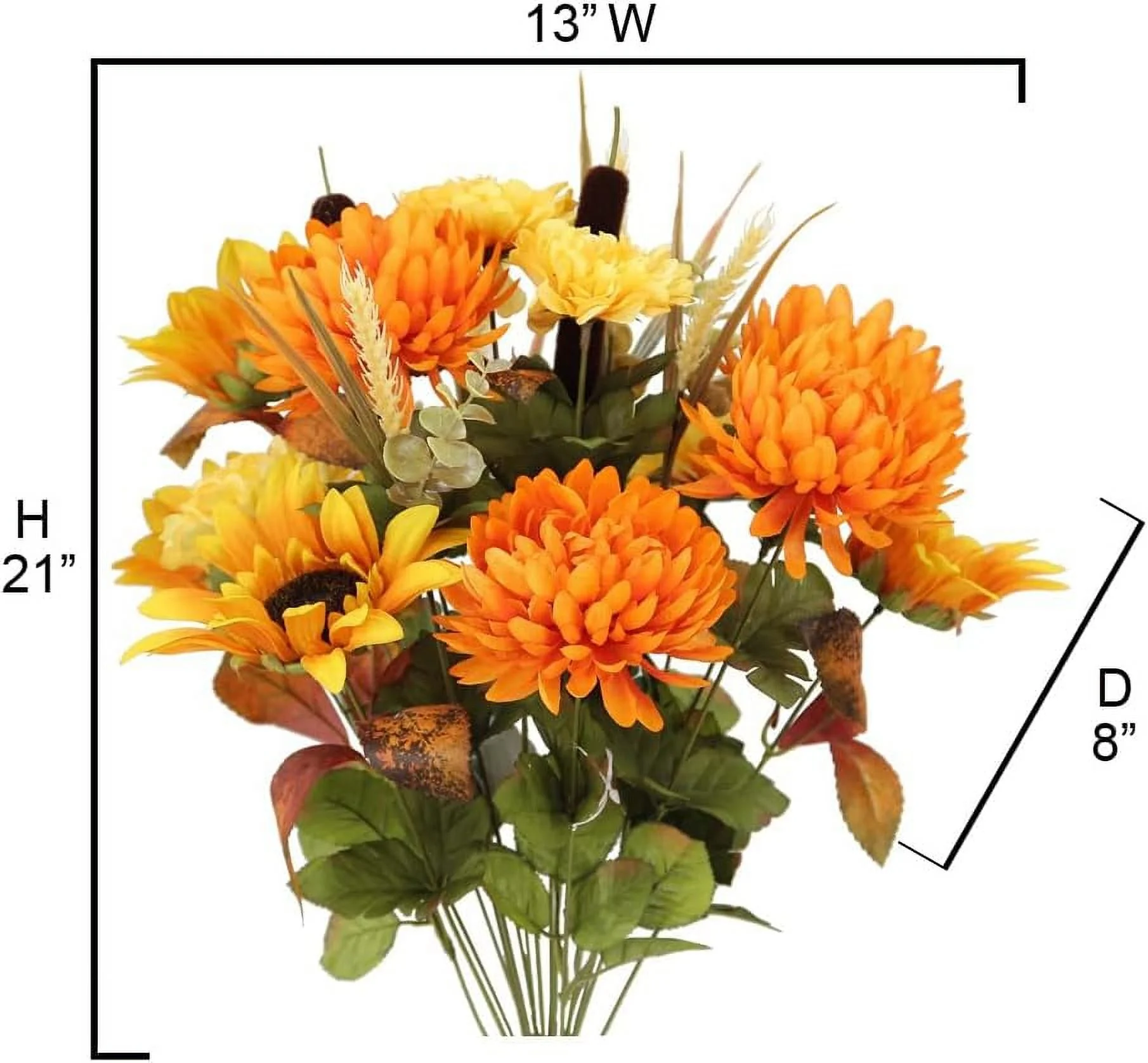 18 Stems Artificial Mums Sunflowers Zinna Silk Flowers Bush Foliage Cemetery Flowers For Grave Home Wedding Thanksgiving Fall Floral Arrangements Décor, Gold/Orange Mix, Set Of 2