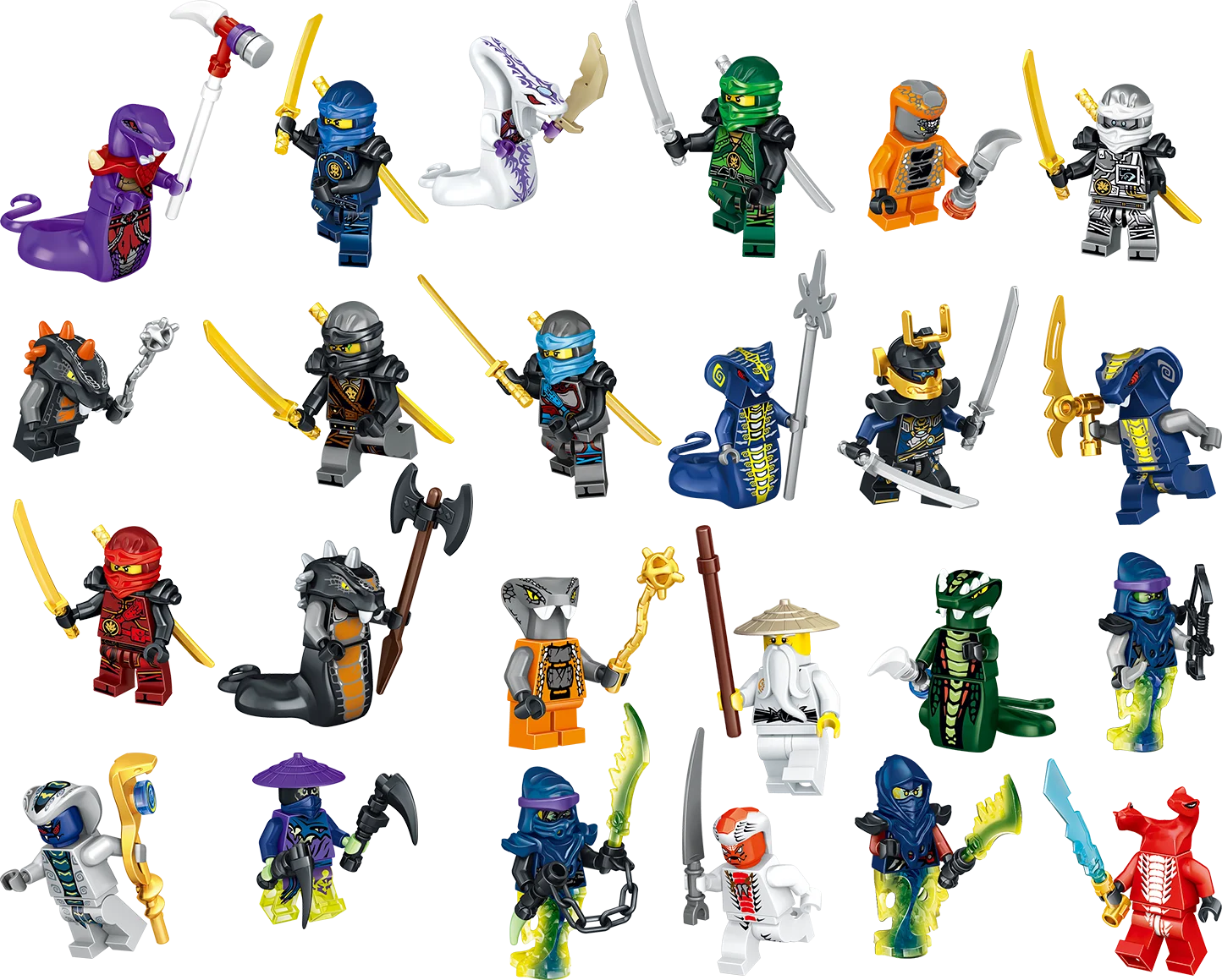 24Pcs Ninjago Minifigures Building Blocks Toys Set Serpentine Kai Jay Sensei Wu Master Custom action figures