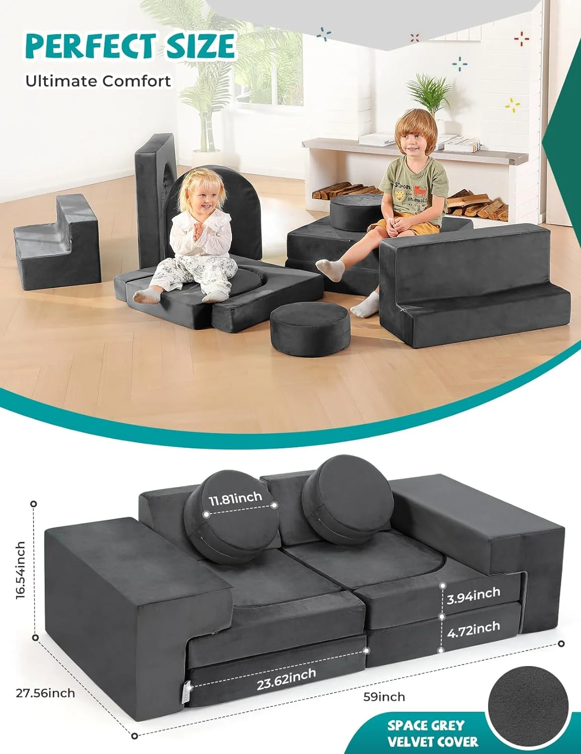 2024 New 11pcs Kids Modular Play Couch, Kids Couch Building Fort, 10s Instant Rebound, Foam Couch for Kids, Versatile Kid Couch for Bedroom Playroom, Stylish Baby Boy Girl Gifts, Space Grey