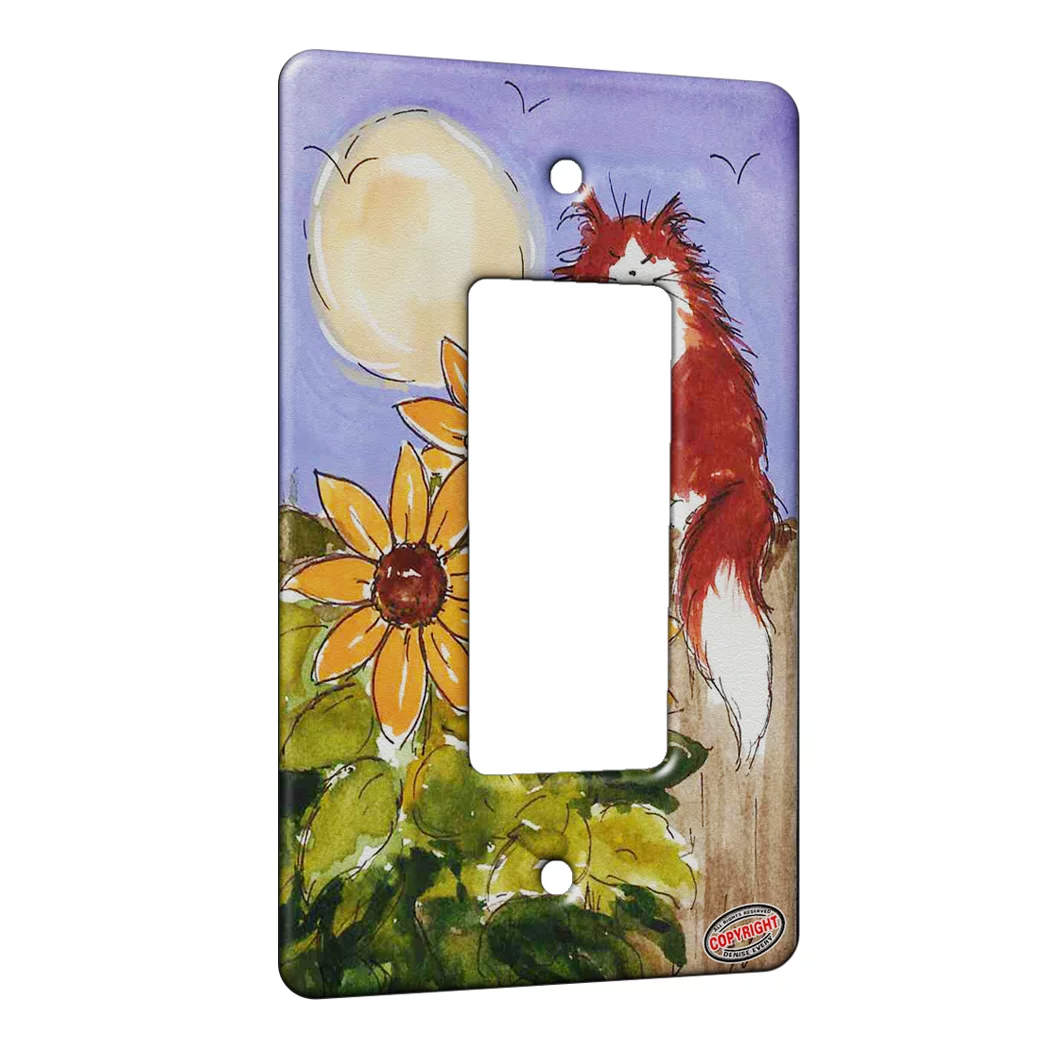 KuzmarK™ 1 Gang Rocker Wall Plate - Maine Coon Kitty with Garden Sunflowers Cat Art by Denise Every