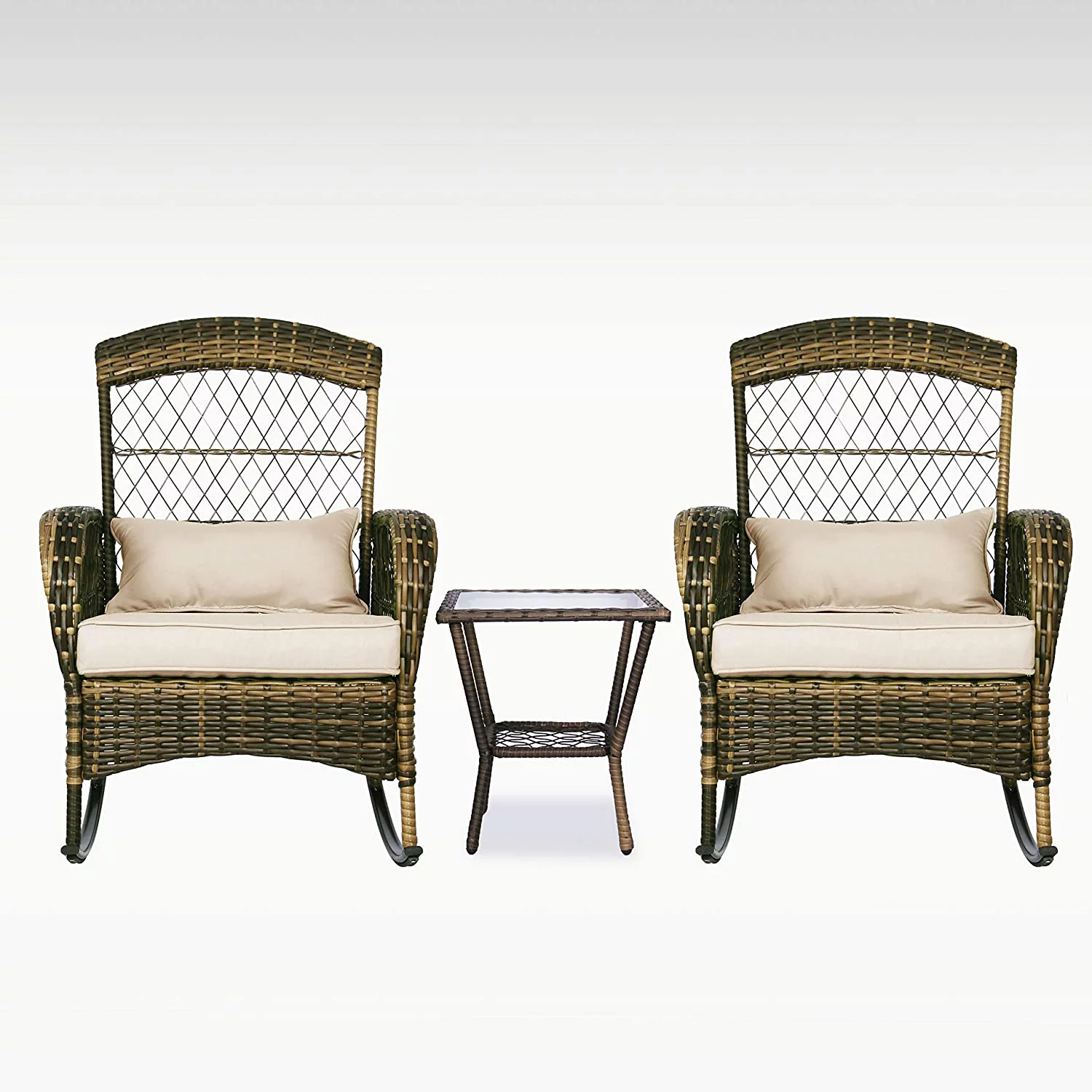 3 Pieces Patio Conversation Set w/ 2 Rattan Wicker Rocking Chairs and Glass Table for Garden Backyard Lown Porch (Green)