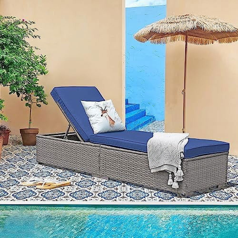 HBLUKDL Outdoor Patio Chaise Lounge Chair  Elegant Reclining Adjustable Pool Rattan Chaise Lounge Chair with Cushion  Grey PE Wicker  Steel Frame  Blue