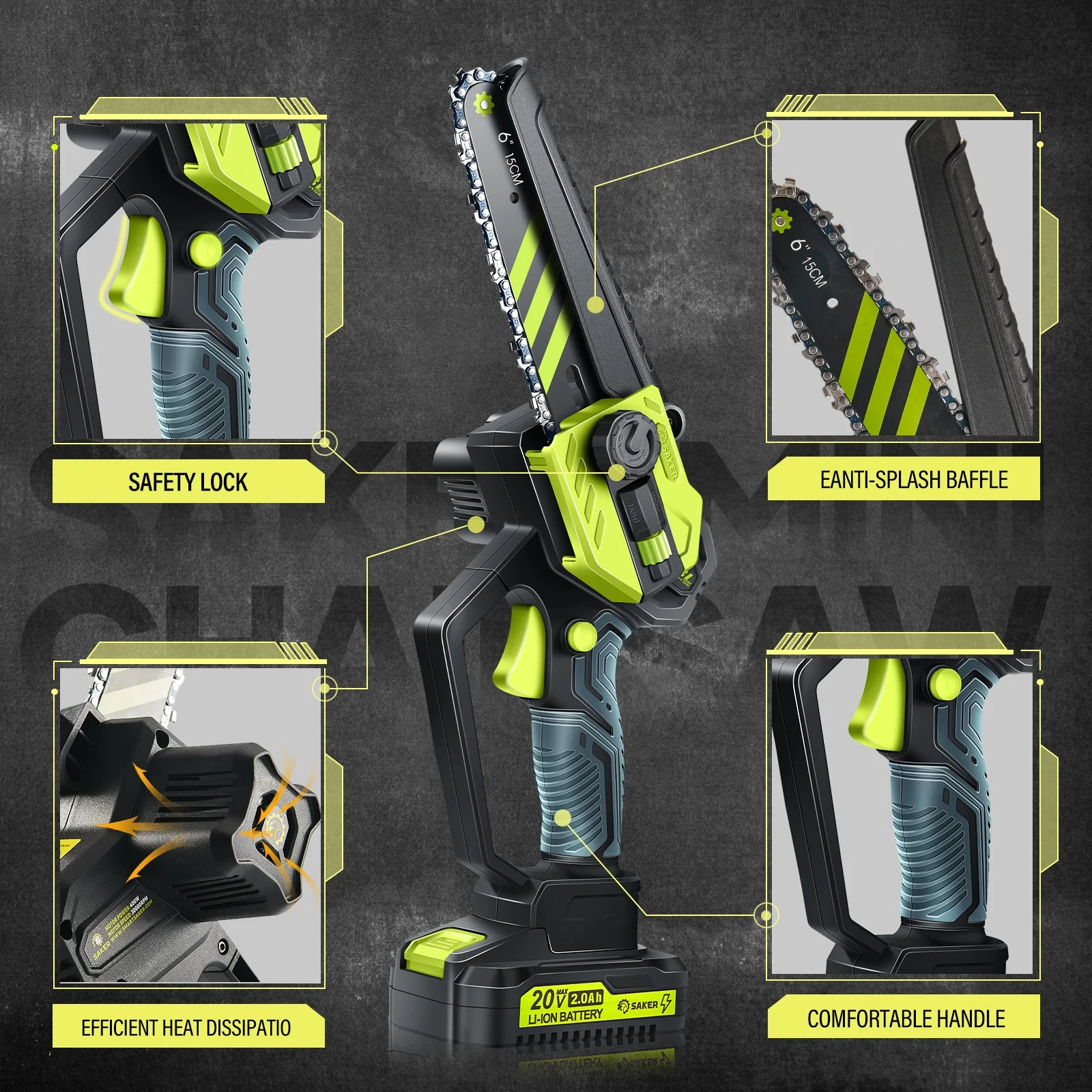 Saker 6 Inch Mini Chainsaw, 21V Upgrade Brushless Cordless Electric Chain Saw, One-Handed Rechargeable Electric Cordless Chainsaw for Tree Trimming Branch Wood Cutting(2 Batteries & 2Chains)