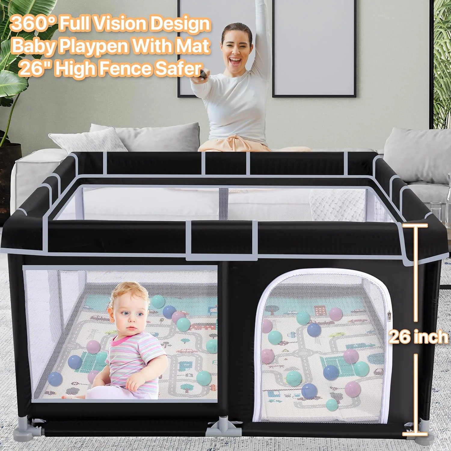 Baby Playpen with Mat, 50”×50” Playpen, Durable and Secure Baby Play Pen, Indoor & Outdoor Kids Activity Play Center. Equipped with Anti-Slip Suckers and a Zipper Gate, Anti-Fall（Black）