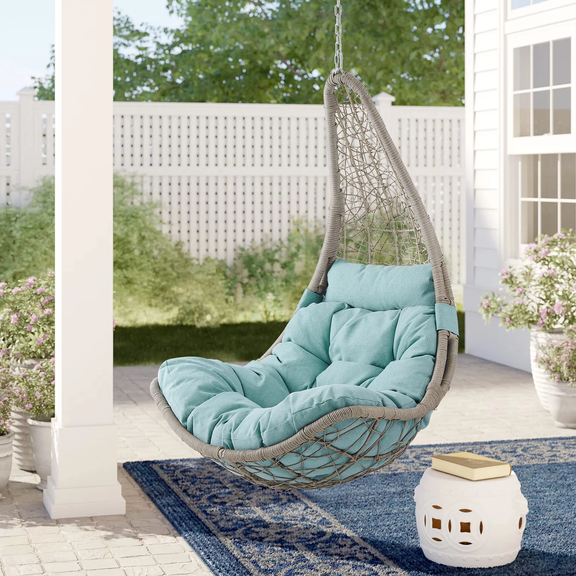 Iwicker Outdoor Hanging Swing Chair, Patio Wicker Tear Drop Porch Swing Chair with Cushion, Blue