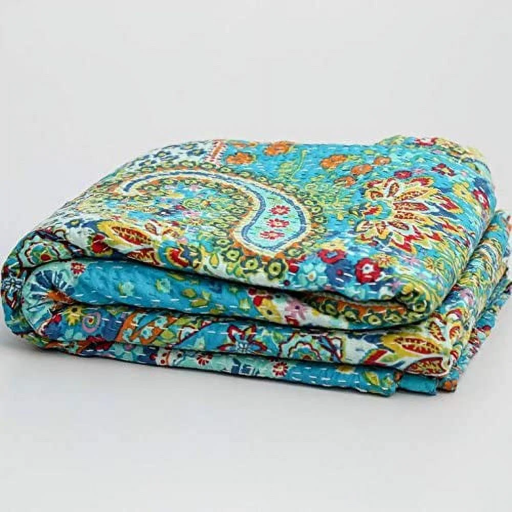 Indian Kantha Quilt Turquoise Paisley Print Kantha Throw Queen Size Cotton Quilt Kantha Bedspread Indian Blanket Kantha Bed Cover King Size Quilt