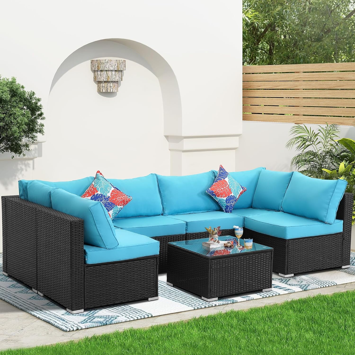 Dina 7 Pieces Outdoor Conversation Sets Patio Sectional Furniture Set Modular Wicker Sofa Set with Thick Cushions  Coffee Table & 2 pillows All Weather for Backyard  Garden (Gray Ratt