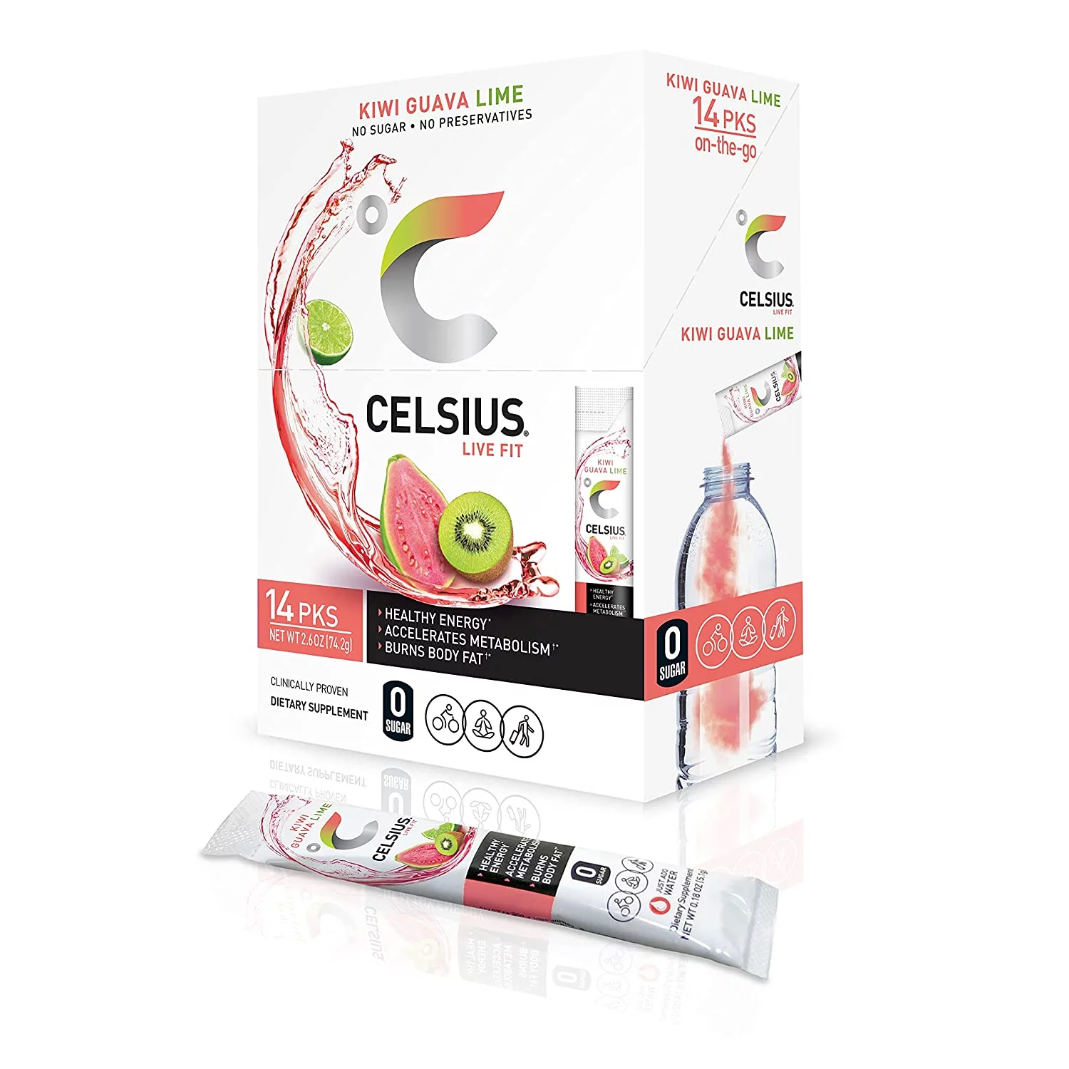 CELSIUS Kiwi Guava Lime On-the-Go Powder Stick Packs, Zero Sugar (14 Sticks per Pack)