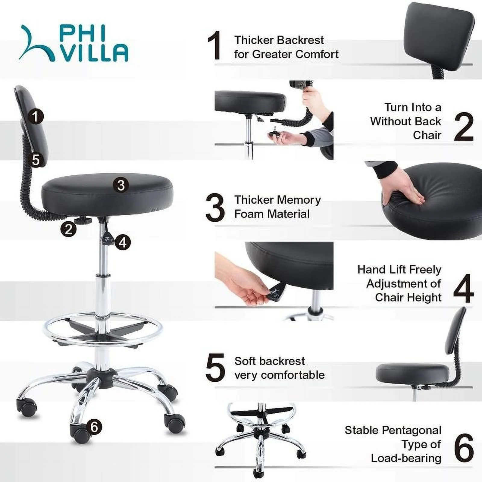 PHI VILLA Adjustable PU Leather Home Office Swivel Chair with Detachable Backrest Black