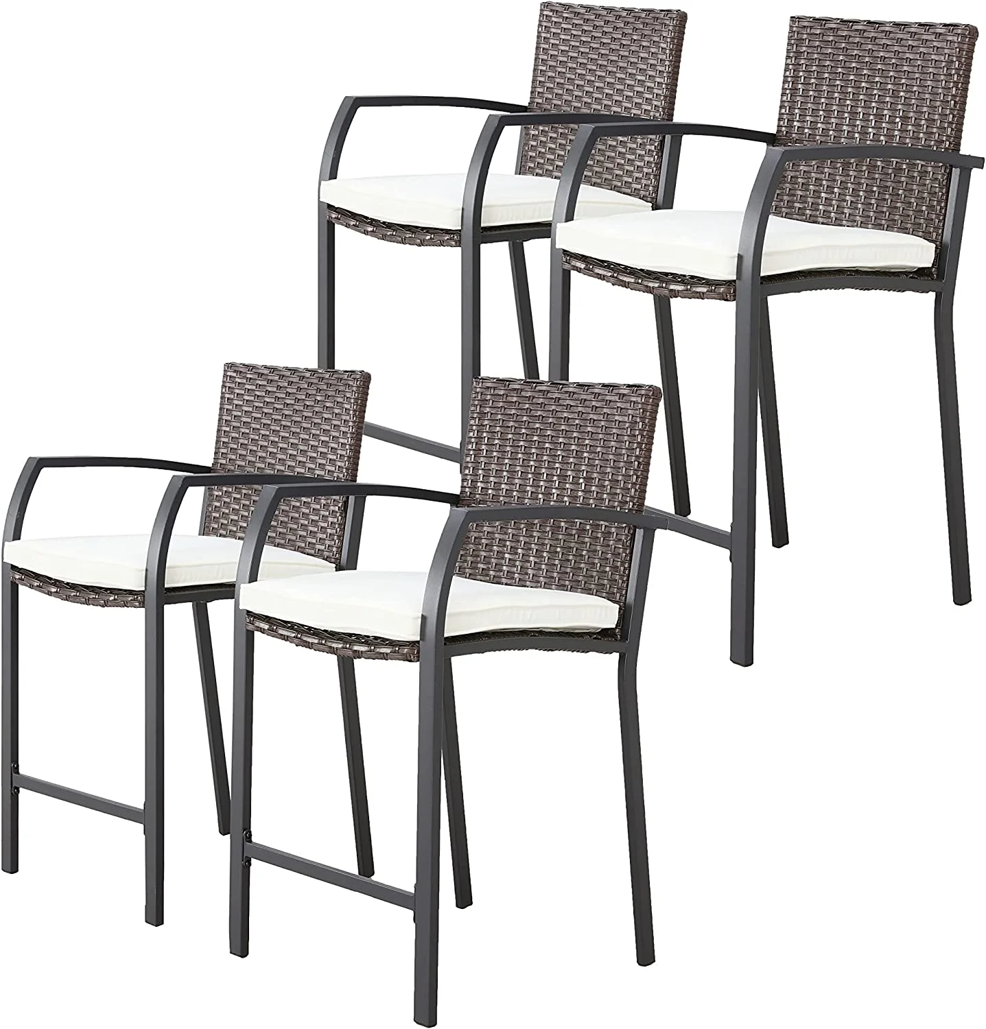 4 Pcs Wicker Bar Stools Patio Rattan Bistro Height Chairs Furniture Set with Beige Cushions, Footrests, Armrests, Metal Frame for Deck Poolside Porch Backyard (Brown Back)