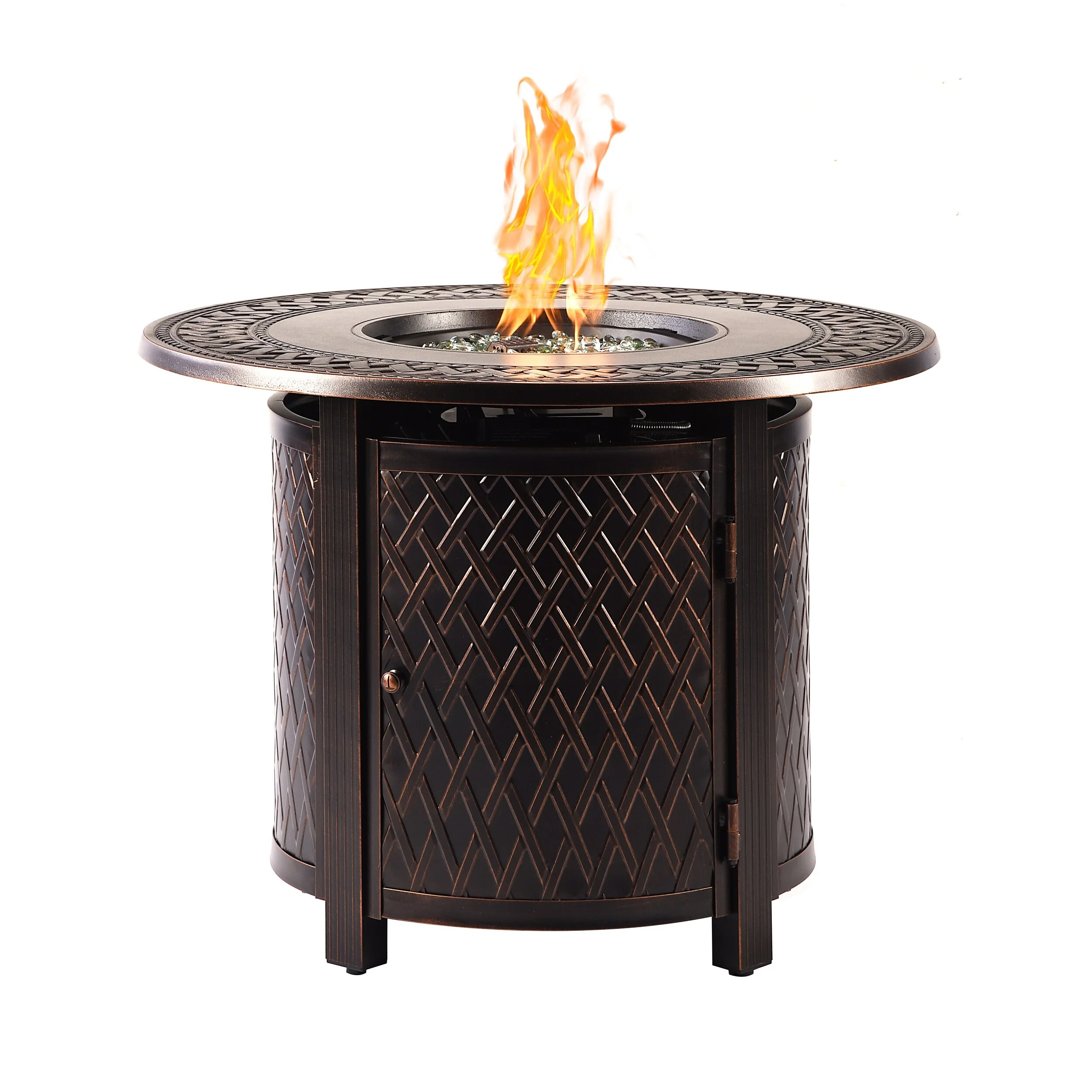 Oakland Living Round 34 in. x 34 in. Aluminum Propane Fire Pit Table with Glass Beads, Two Covers, Lid, 37,000 BTUs - N/A Antique Copper Copper