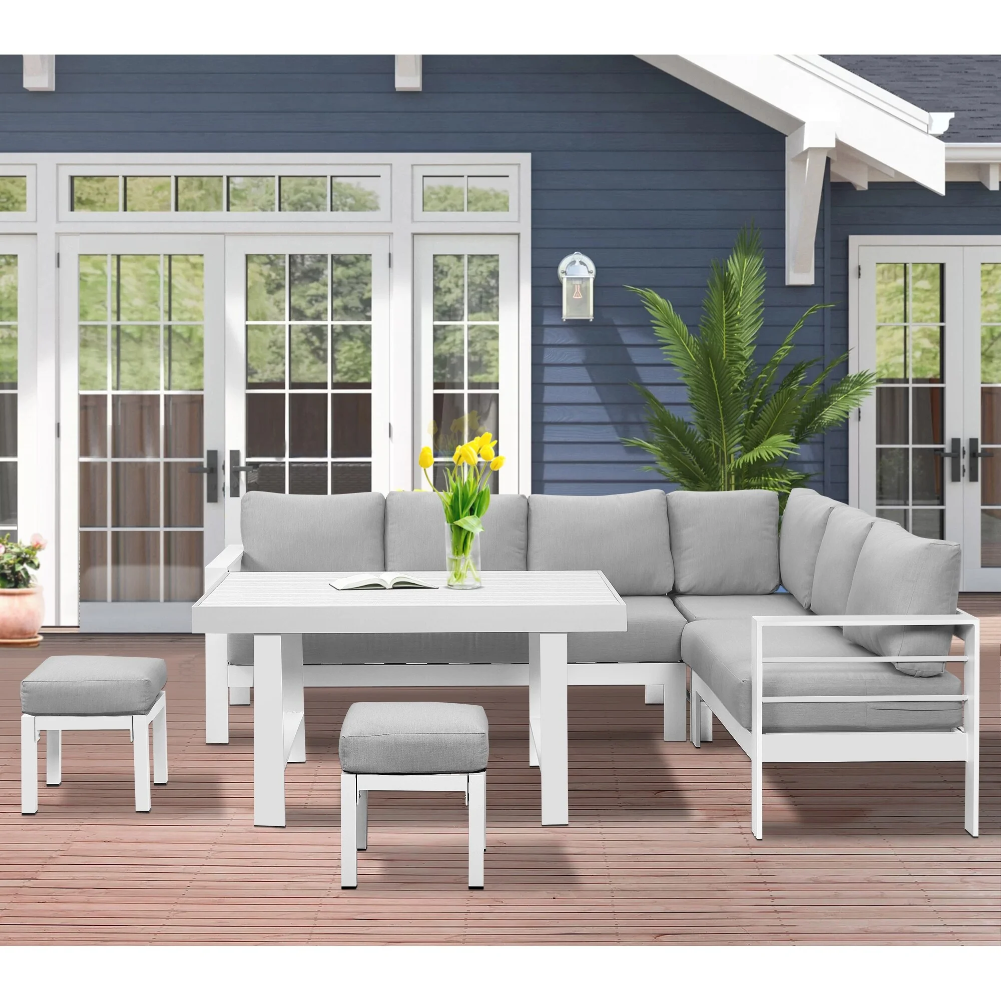Soluwa LLC 6 Pieces Aluminum Outdoor Dining Set with Thick Cushion White