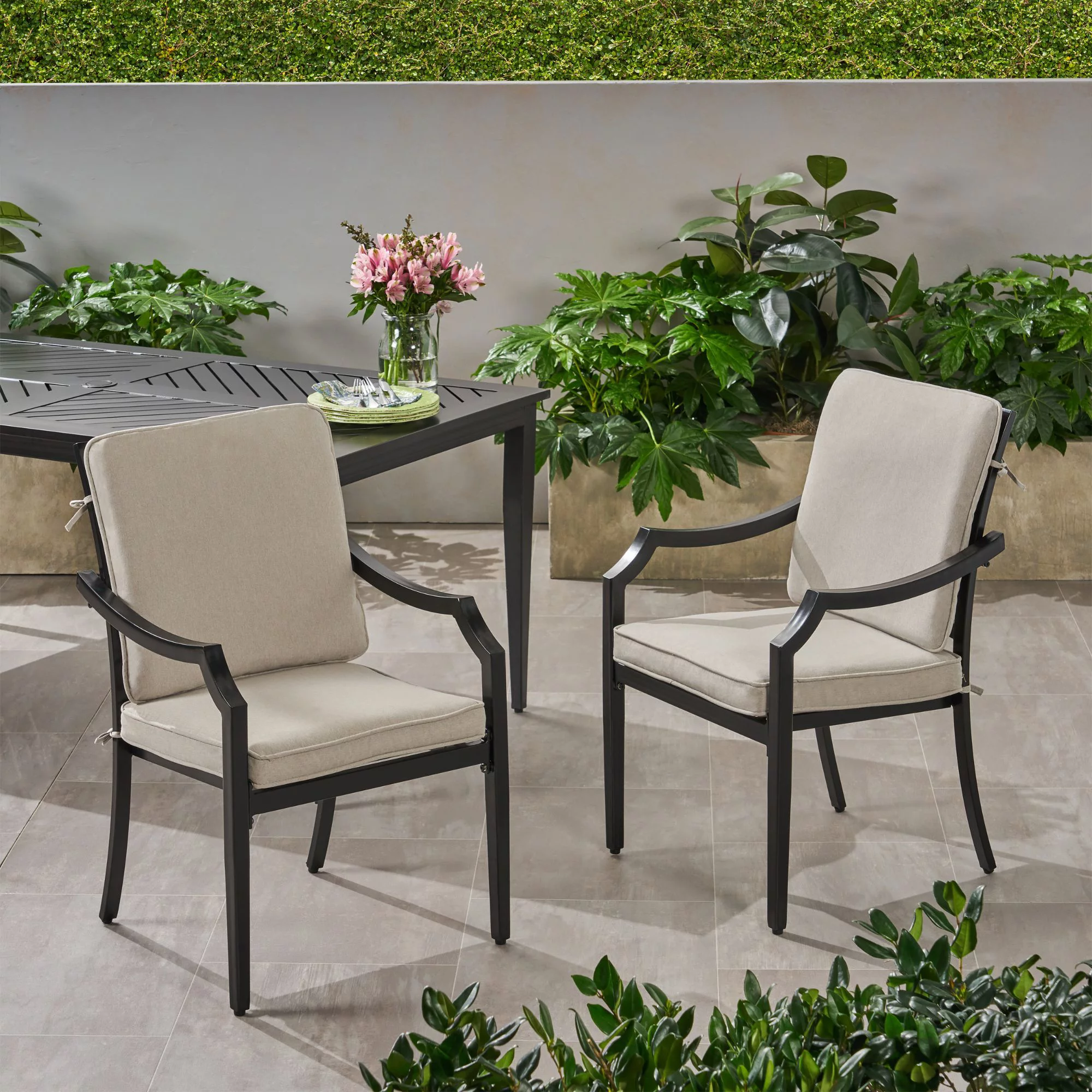 Noble House San Diego Patio Dining Arm Chair in Black and Beige (Set of 2)