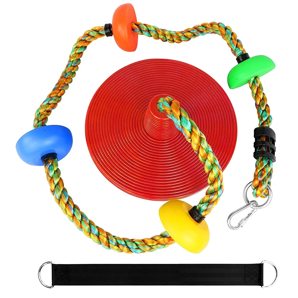 Sekkvy 6.4Ft Climbing Colorful Rope Tree Swing with Platforms Set for Kid Red Disc Saucer Seat Swing Accessories Indoor Outdoor