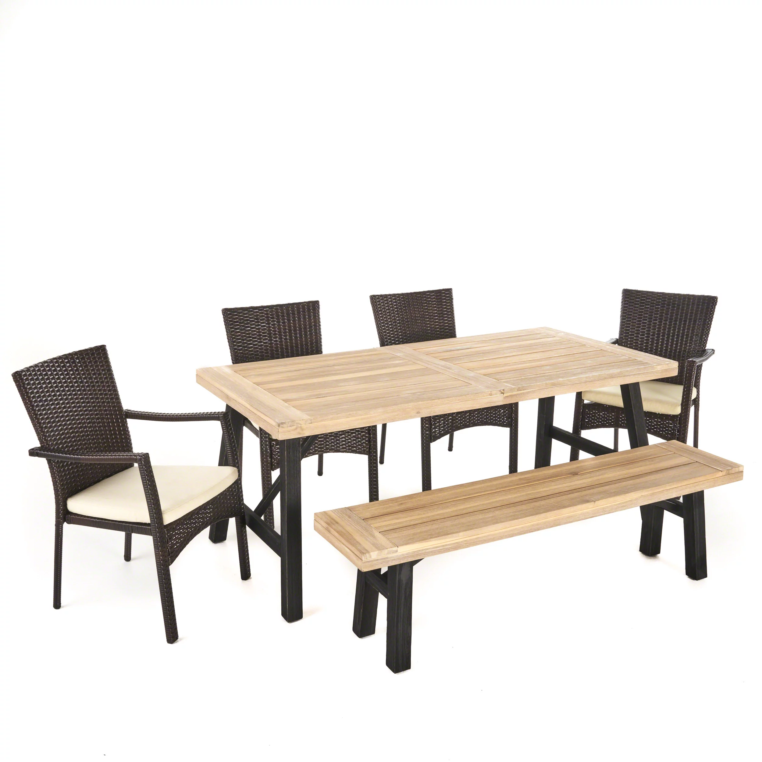 Hollister Outdoor 6 Piece Acacia Wood Dining Set with Cushions, Brushed Grey