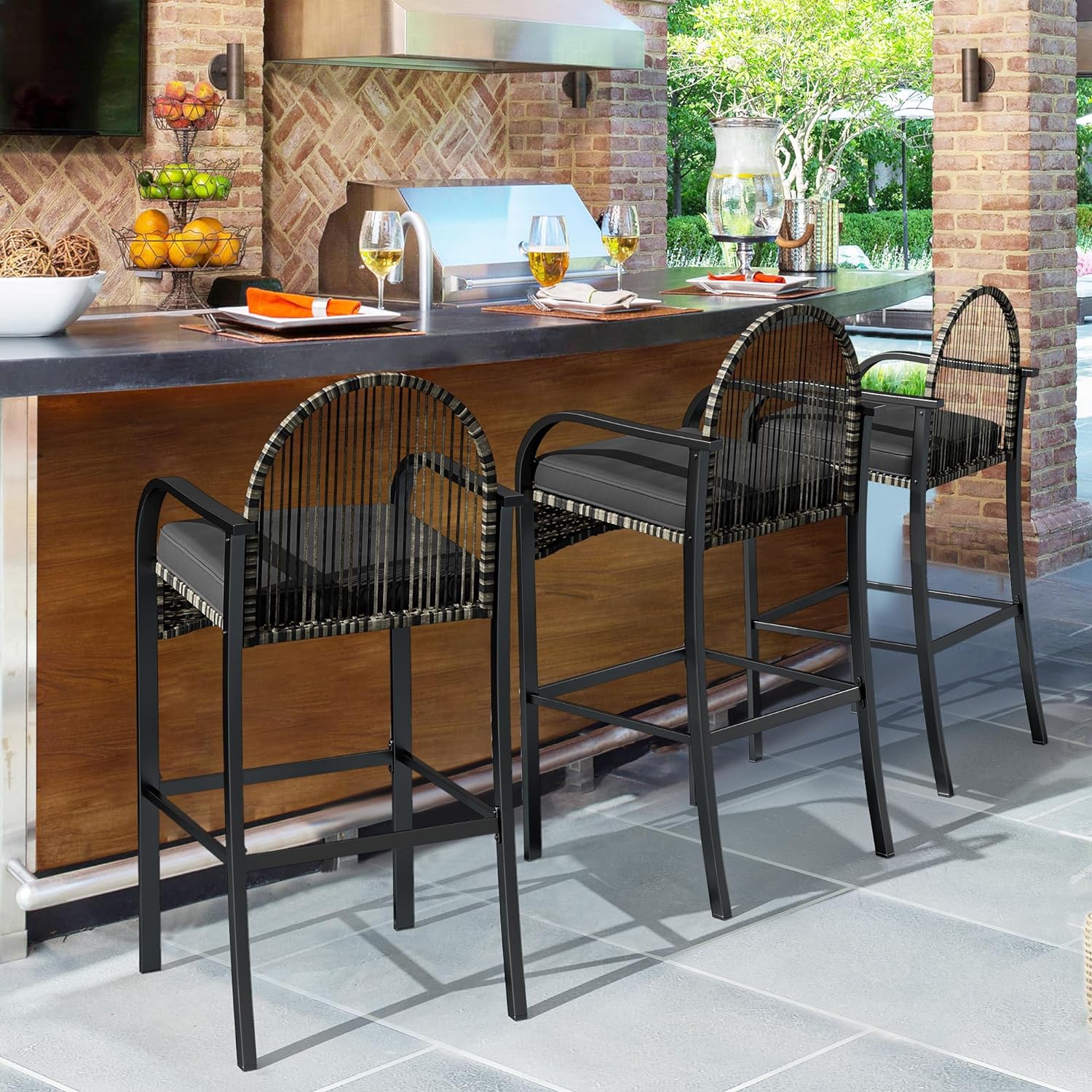 MINGFENG 3-Piece Patio Bar Table Set, Outdoor Wicker Bar Height Bistro with Soft Cushions, Steel Frame for Poolside Balcony, Barstools (Black)