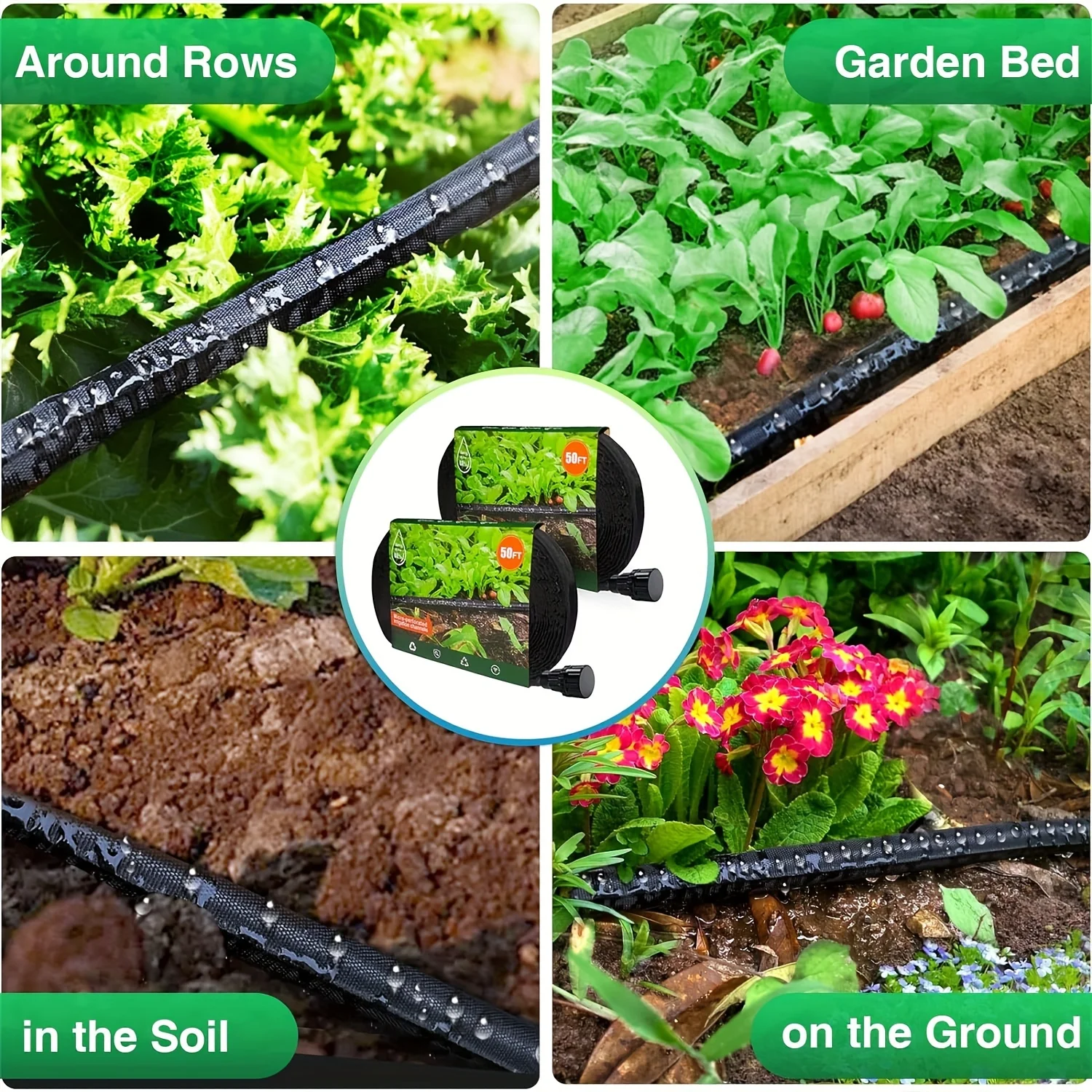 Soaker Hose 50/100ft for Garden Beds, Soaker Hose for Foundation Watering, Flat Soaker Hose Save 80% Water, Lightweight Tough Drip hose for Lawn, Plants (25FT*1/2Pack, 50FT*1/2Pack)