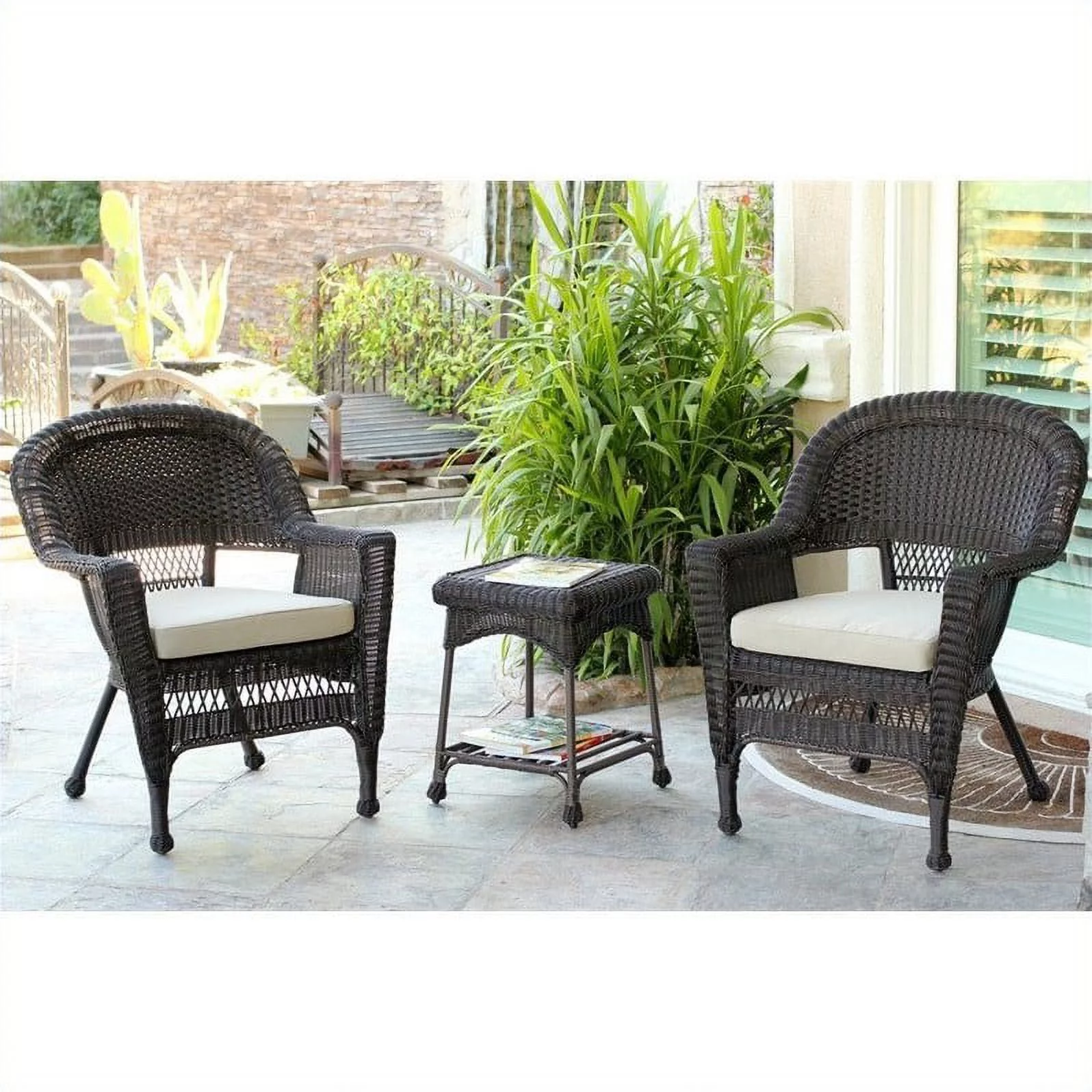 Jeco 3 Piece Wicker Conversation Set in Espresso with Tan Cushions