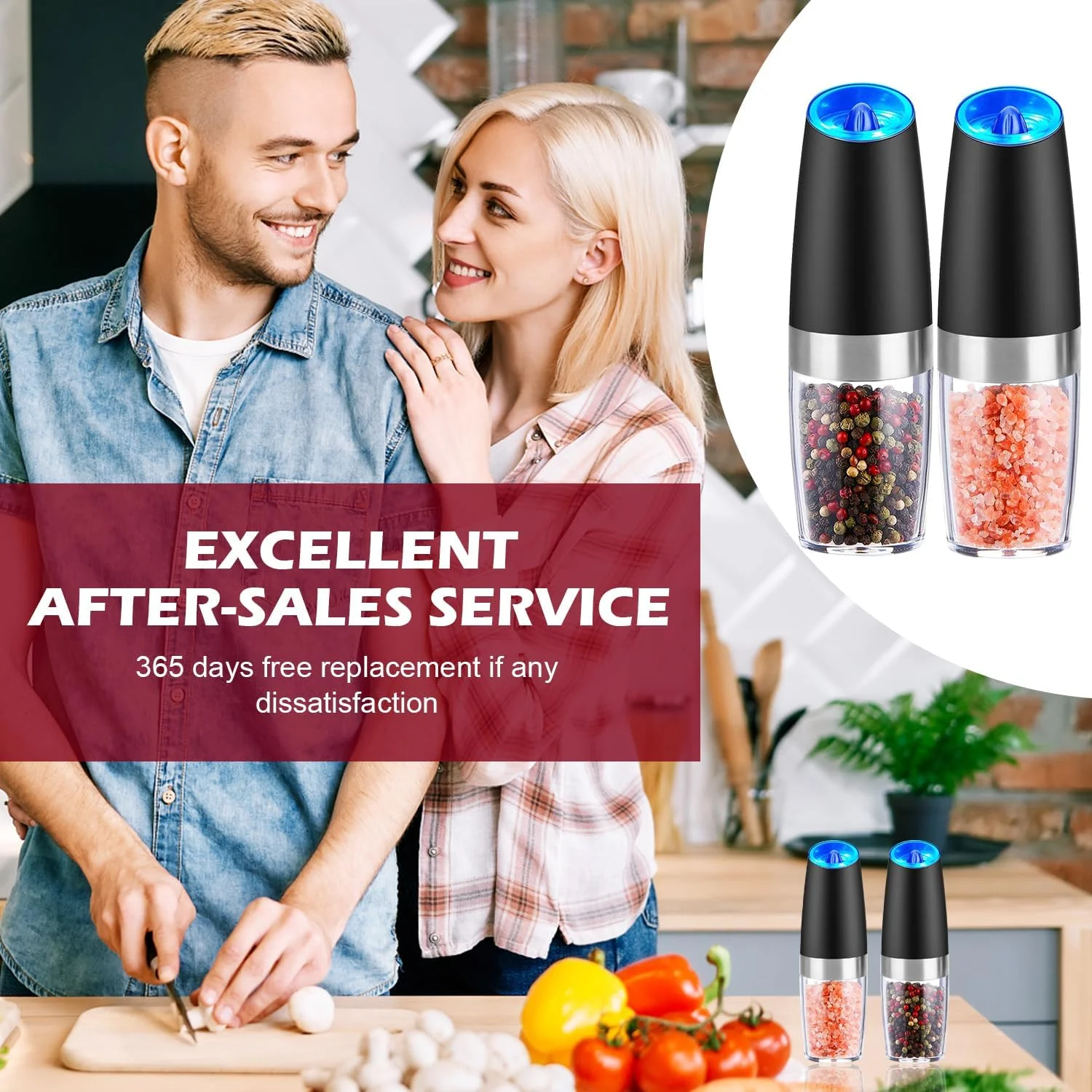 Gravity Electric Pepper and Salt Grinder Set, Adjustable Coarseness, Battery Powered with LED Light, One Hand Automatic Operation, Stainless Steel Black, 2 Pack