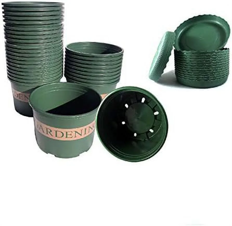 6 Sets / 3 Trade-Gallon Diameter 10.28'' Green Printed Plastic Shallow Pots With Tray For Flower, Succulents Plants In Garden Outdoor Indoor (GLP76-6-T)