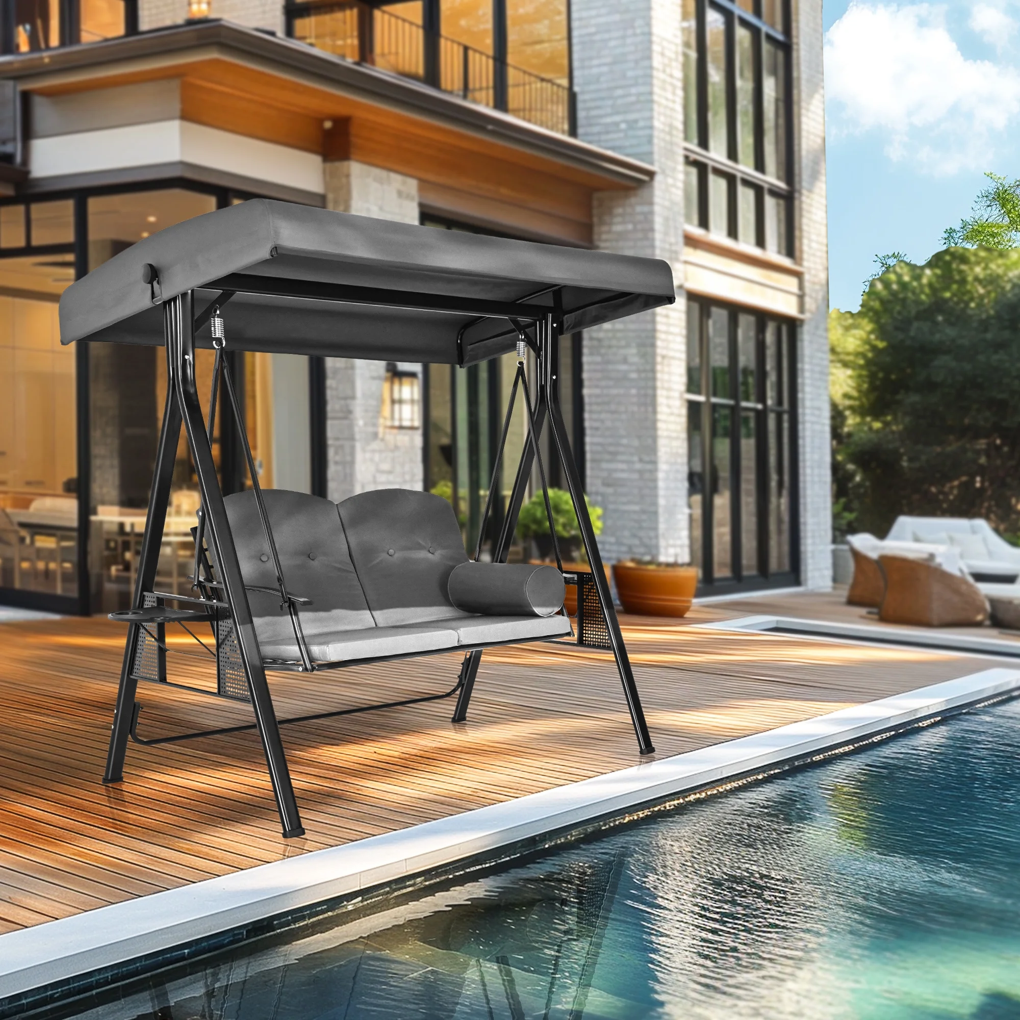 2-Person Gray Metal Patio Swing with Canopy and Cushion