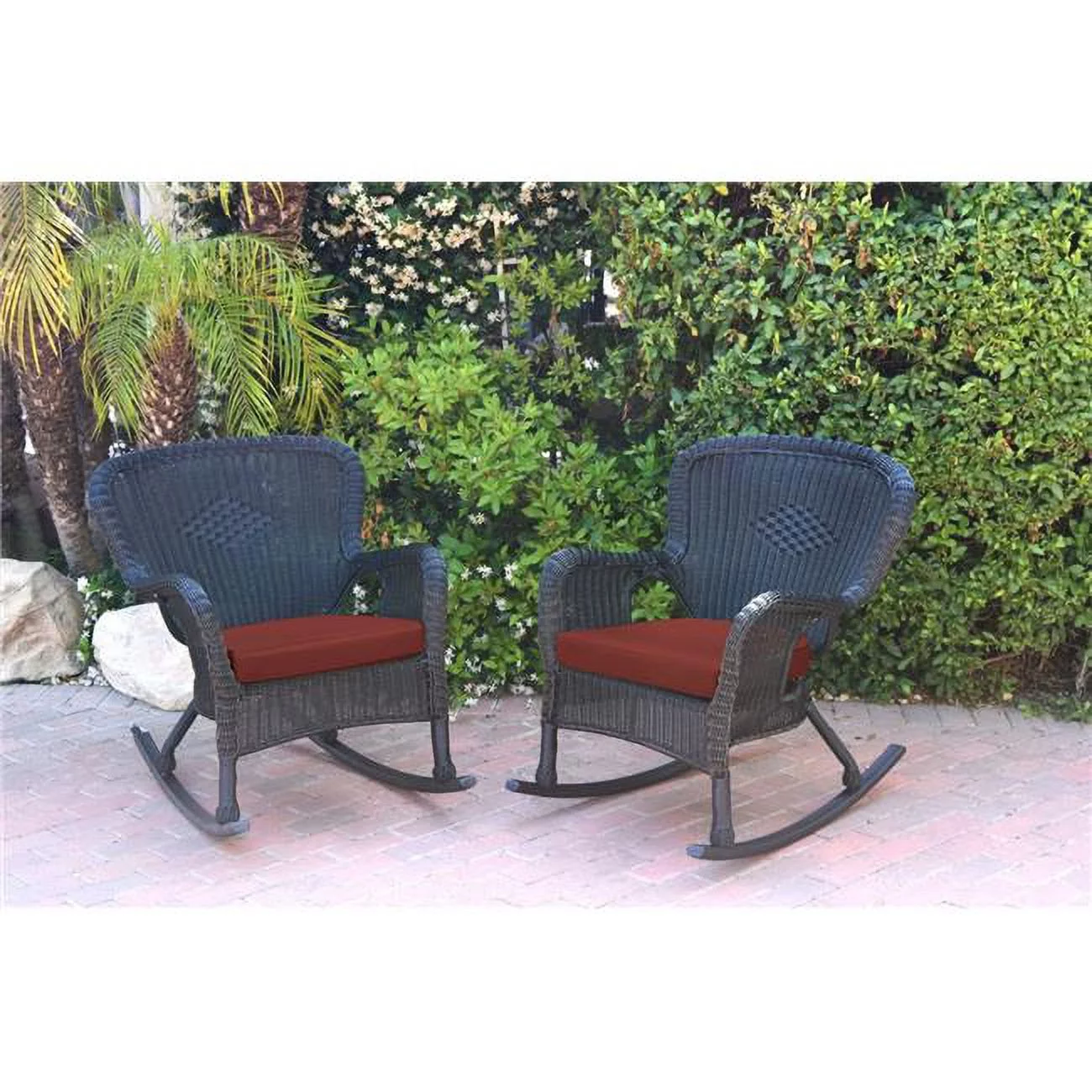 W00214-R-2-FS018 Windsor Black Resin Wicker Rocker Chair with Red Cushion - Set of 2