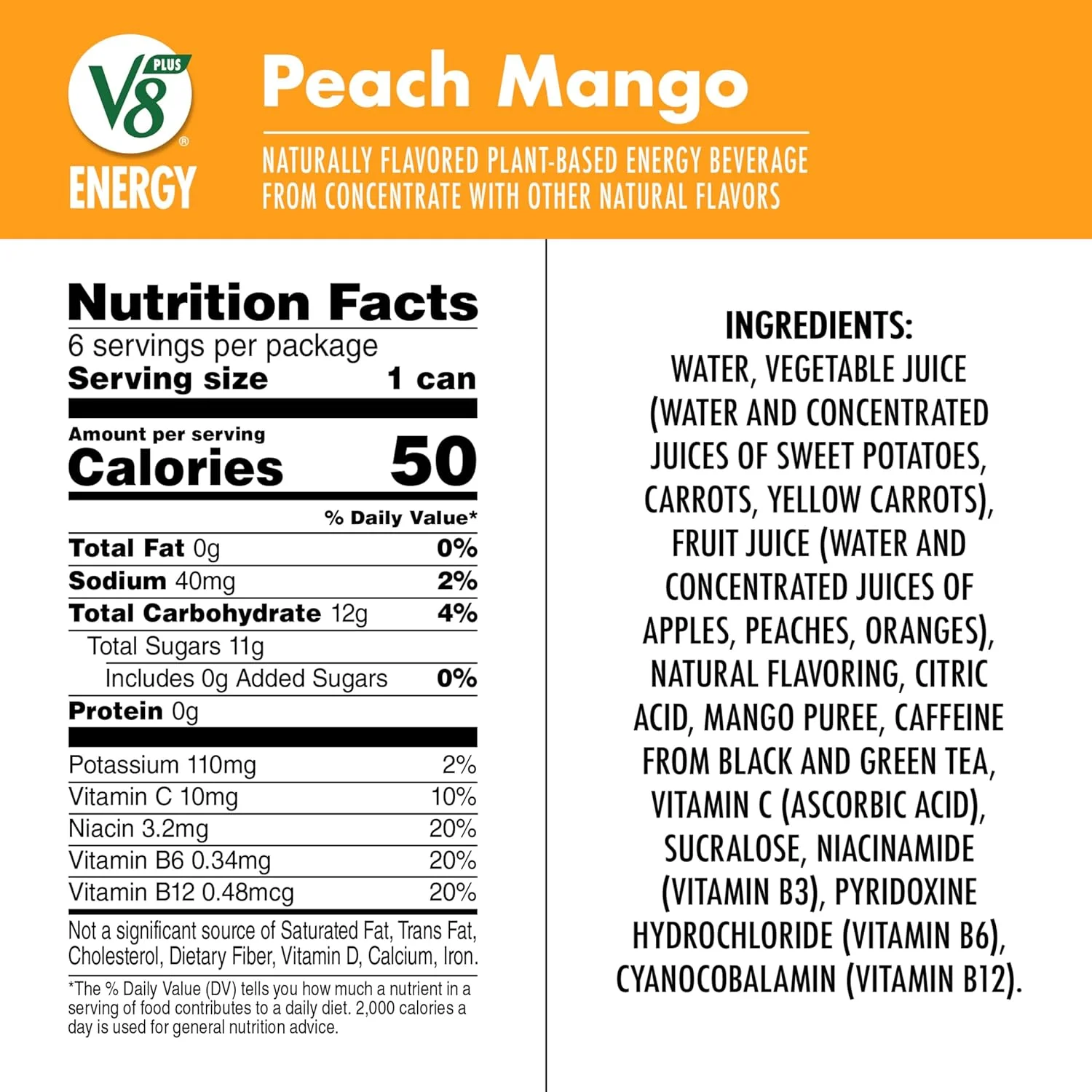 V8 +Energy, Healthy Energy Drink, Natural Energy from Tea, Peach Mango, 8 Ounce Can (4 Packs of 6, Total of 24) 8 Fl Oz (Pack of 24)