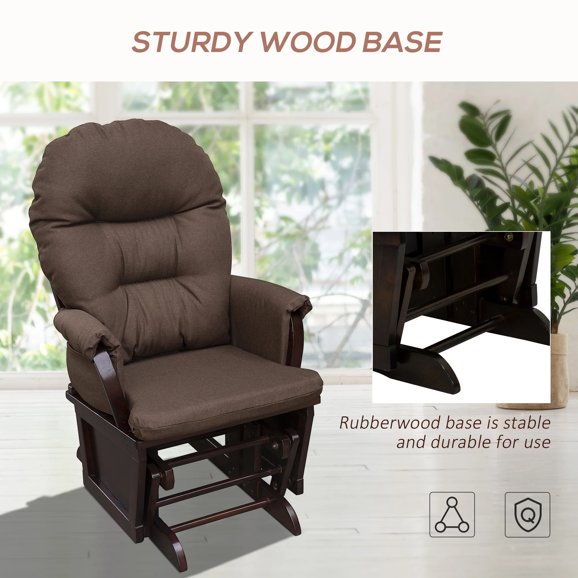 Homiyad Nursery Glider Rocking Chair with Ottoman, Thick Padded Cushion Seating and Wood Base, Brown