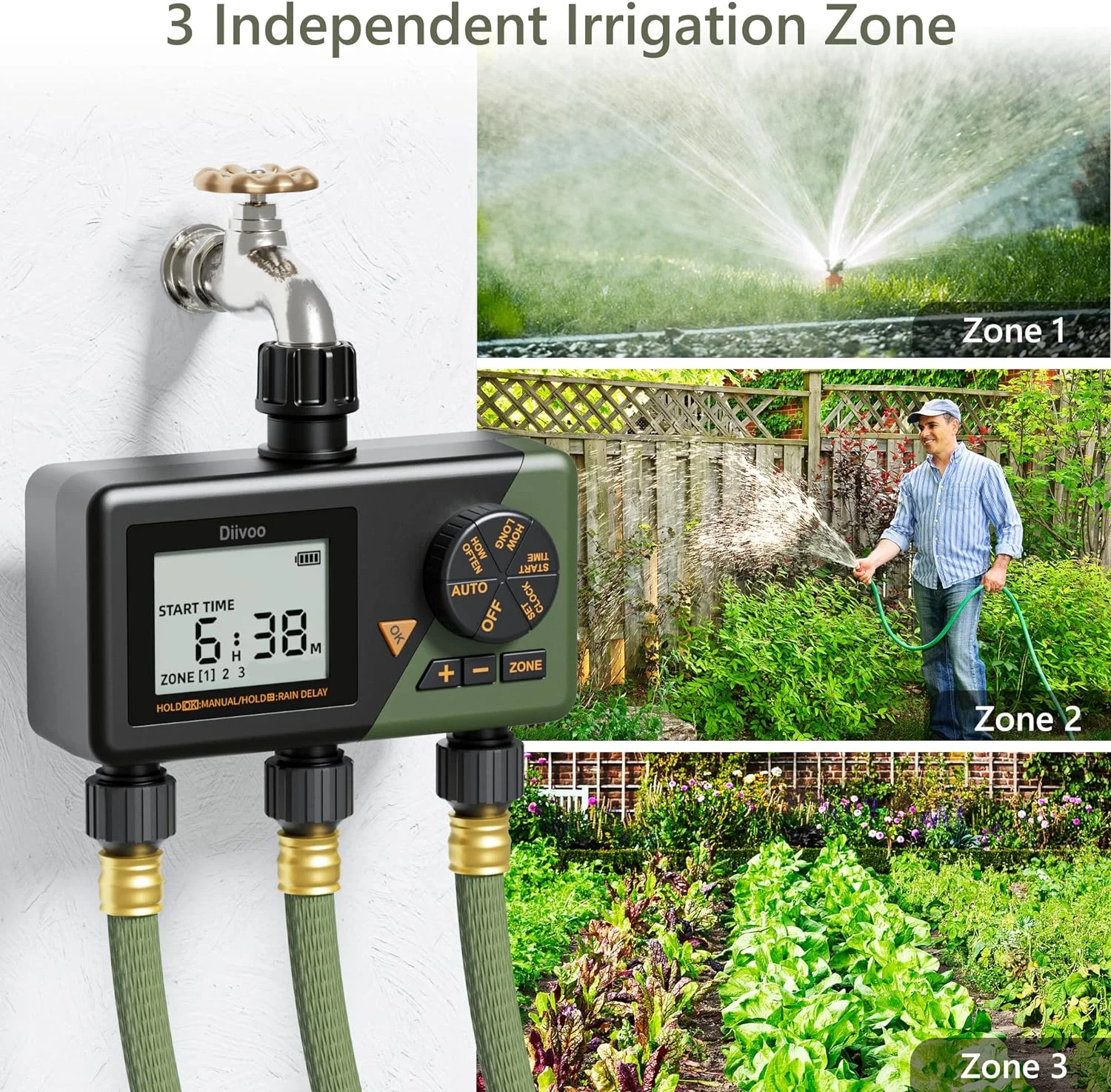 TLKJ Sprinkler Timer 2 Zone  Programmable Water Hose Timer 2 Outlet for Garden  Automatic Irrigation Timer IP54 with Rain Delay/Manual/Auto Mode  Outdoor Hose Timer Controller for Lawn  Y