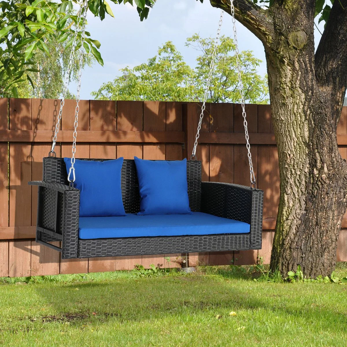 Fithood 49in Black Rattan Blue Cushion Rattan Swing Chair（Swing frames not included）