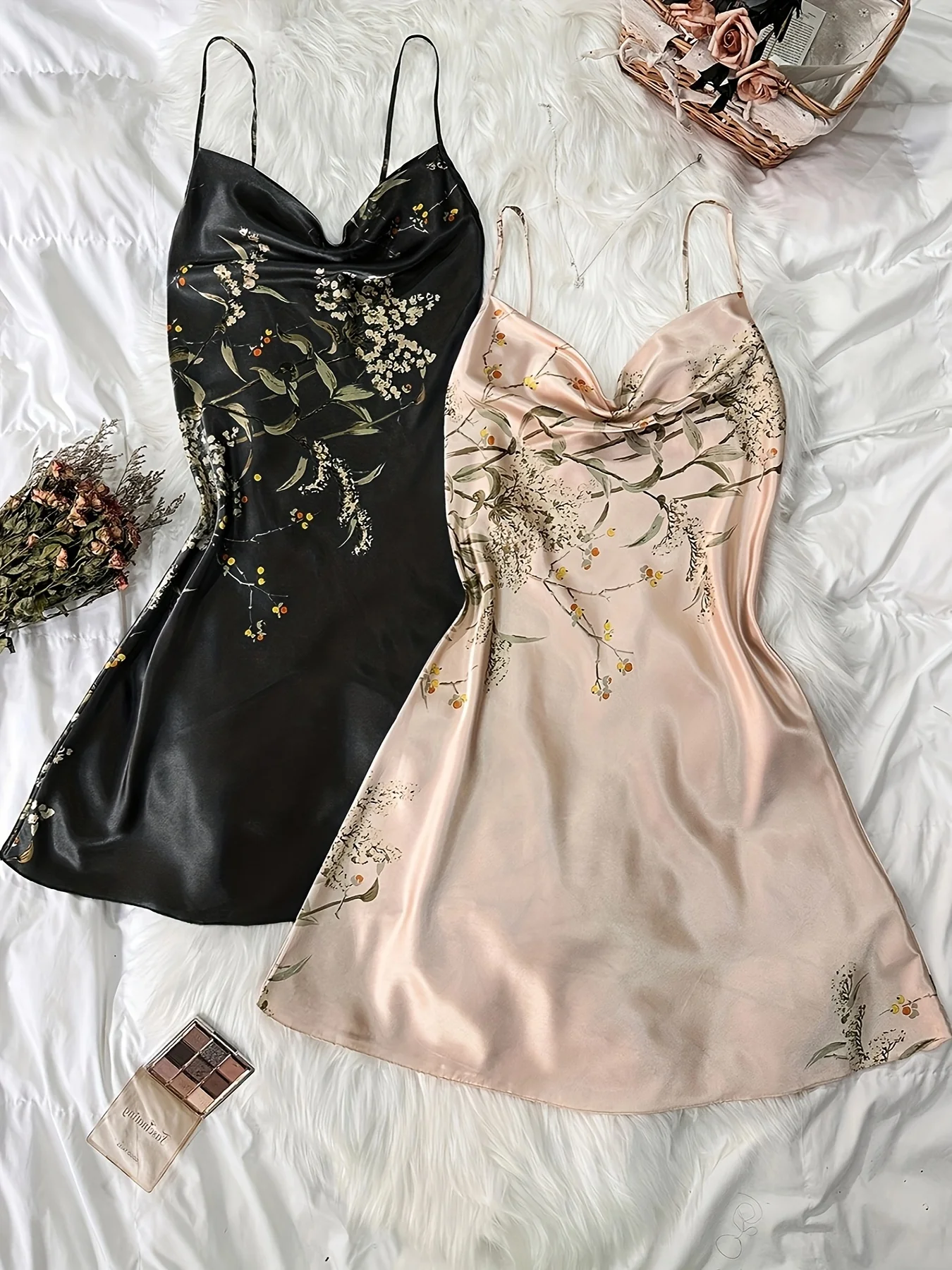 Jkzcp  2-piece Set  Women‘s Satin Cherry Print Slip Nightgown  Fashionable & Sexy  Spaghetti Strap Sleep Dress  Seasonal Loungewear