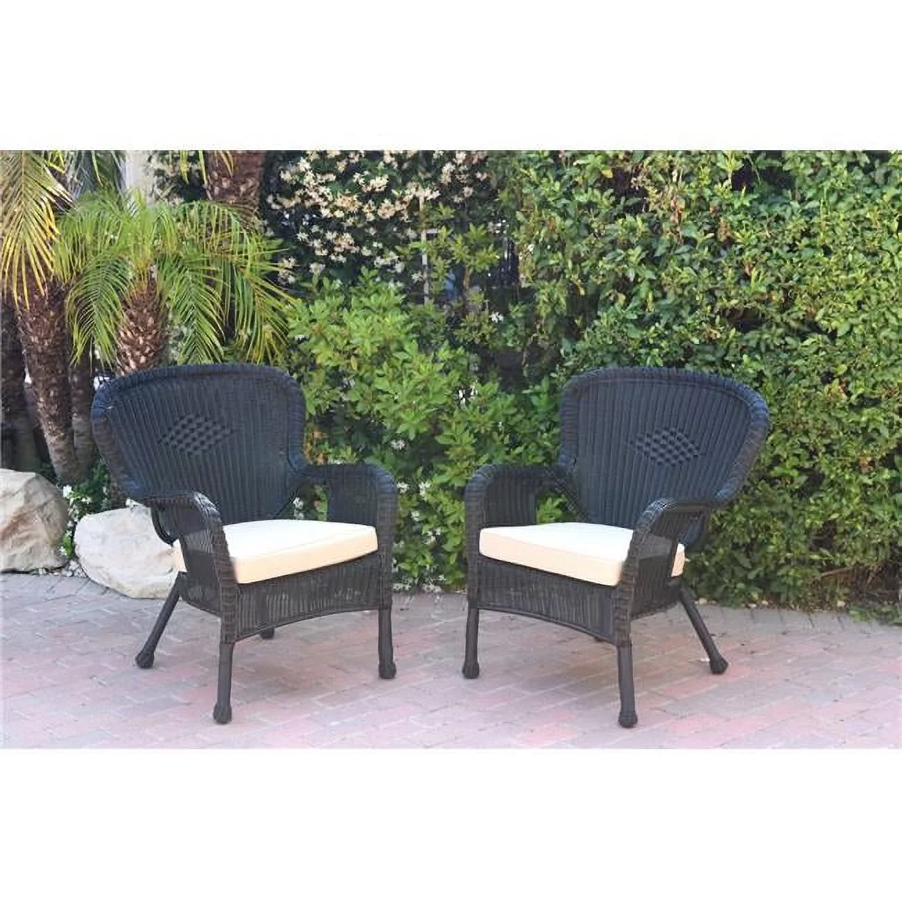 Jeco W00214-C-2-FS006 Windsor Black Resin Wicker Chair with Tan Cushion - Set of 2
