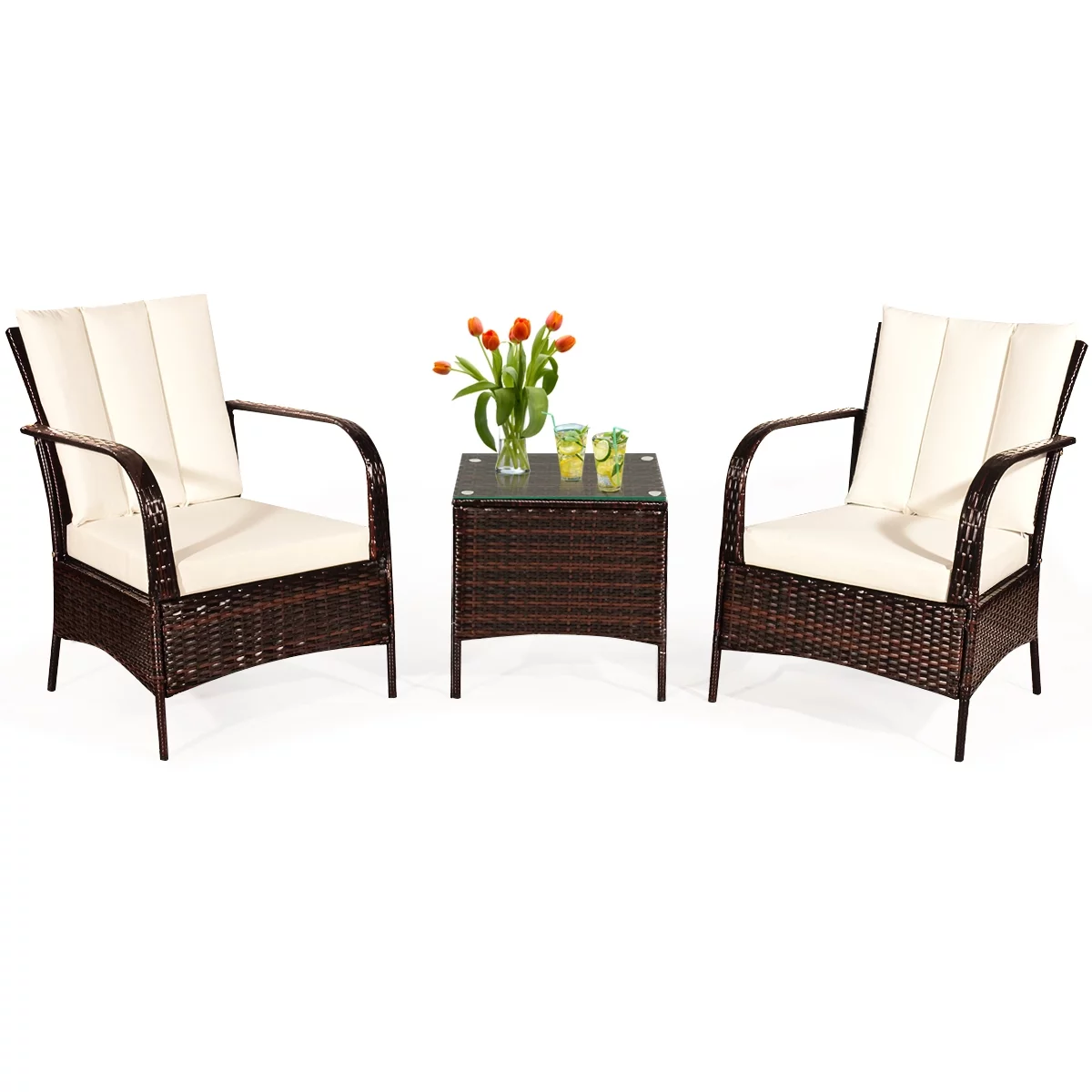 Boyel Living 3 Pcs Patio Conversation Set Rattan Furniture Set PE Rattan Chairs Set and Table, White