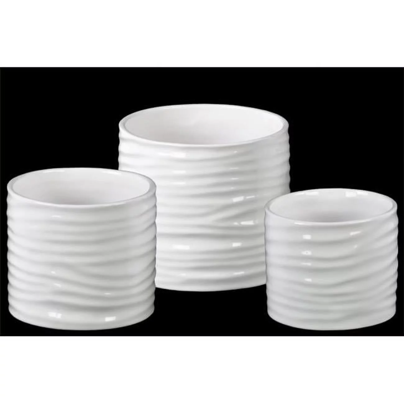 Urban Trends Collection 41409 2 Piece Gloss White Ceramic Low Cylinder Pot with Ribbed Design Body- Set of Three - 6.50 x 6.50 x 6.00 in.
