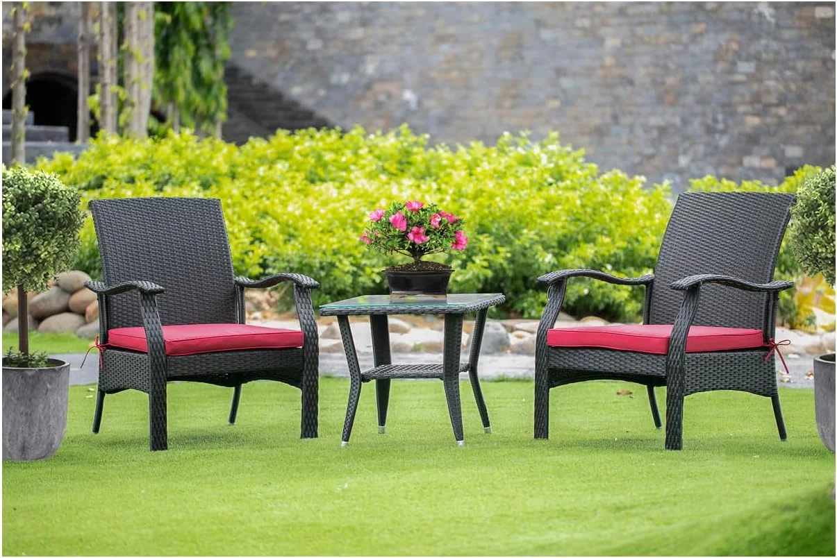 DTL3C01B Patio Set - Small  Wicker Tea Table & Chairs with Glass Tops and Cushions