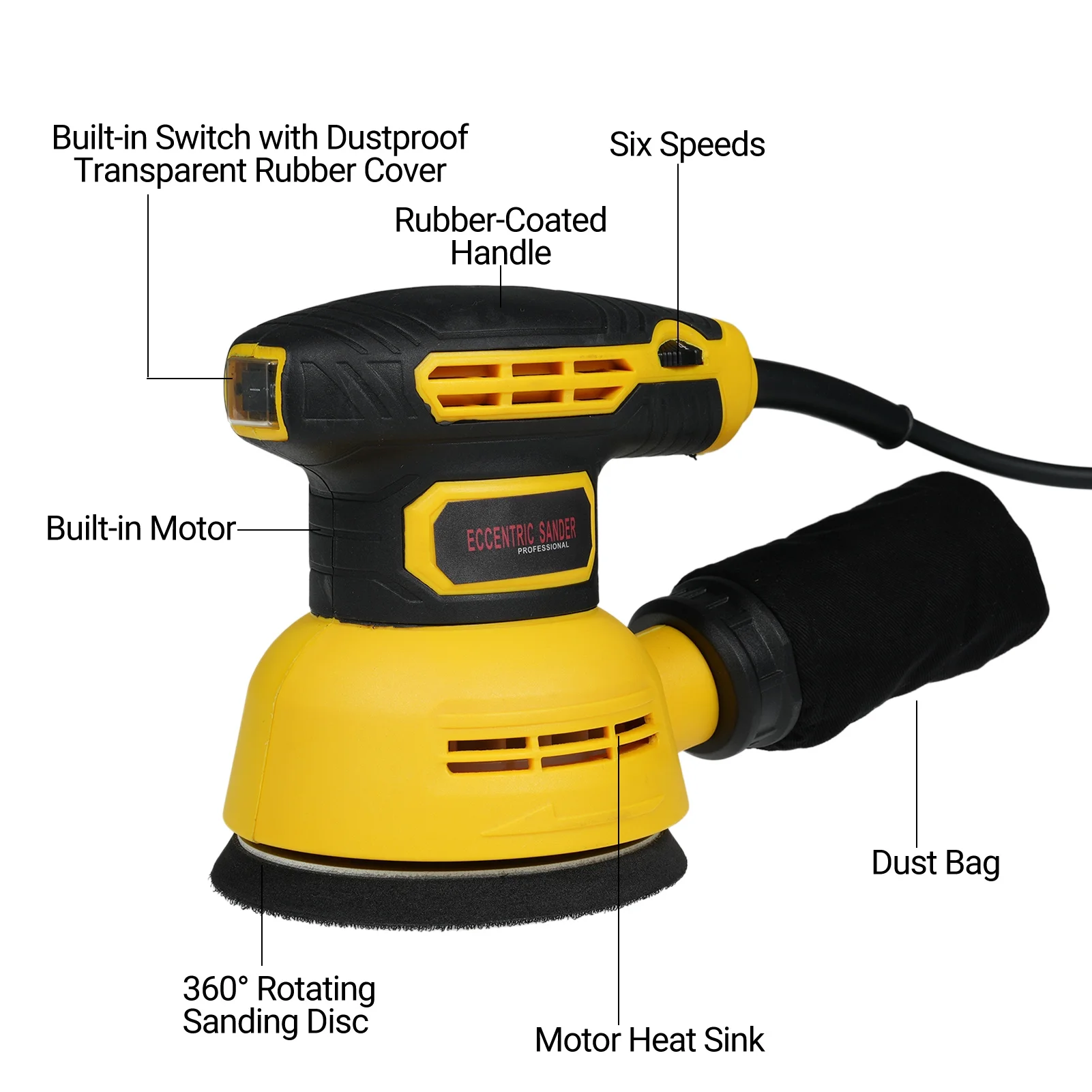 moobody 5 Inch Random Orbital Sander with Dust Collection System, 15Pcs Sandpapers Included, High Performance Woodworking Tool