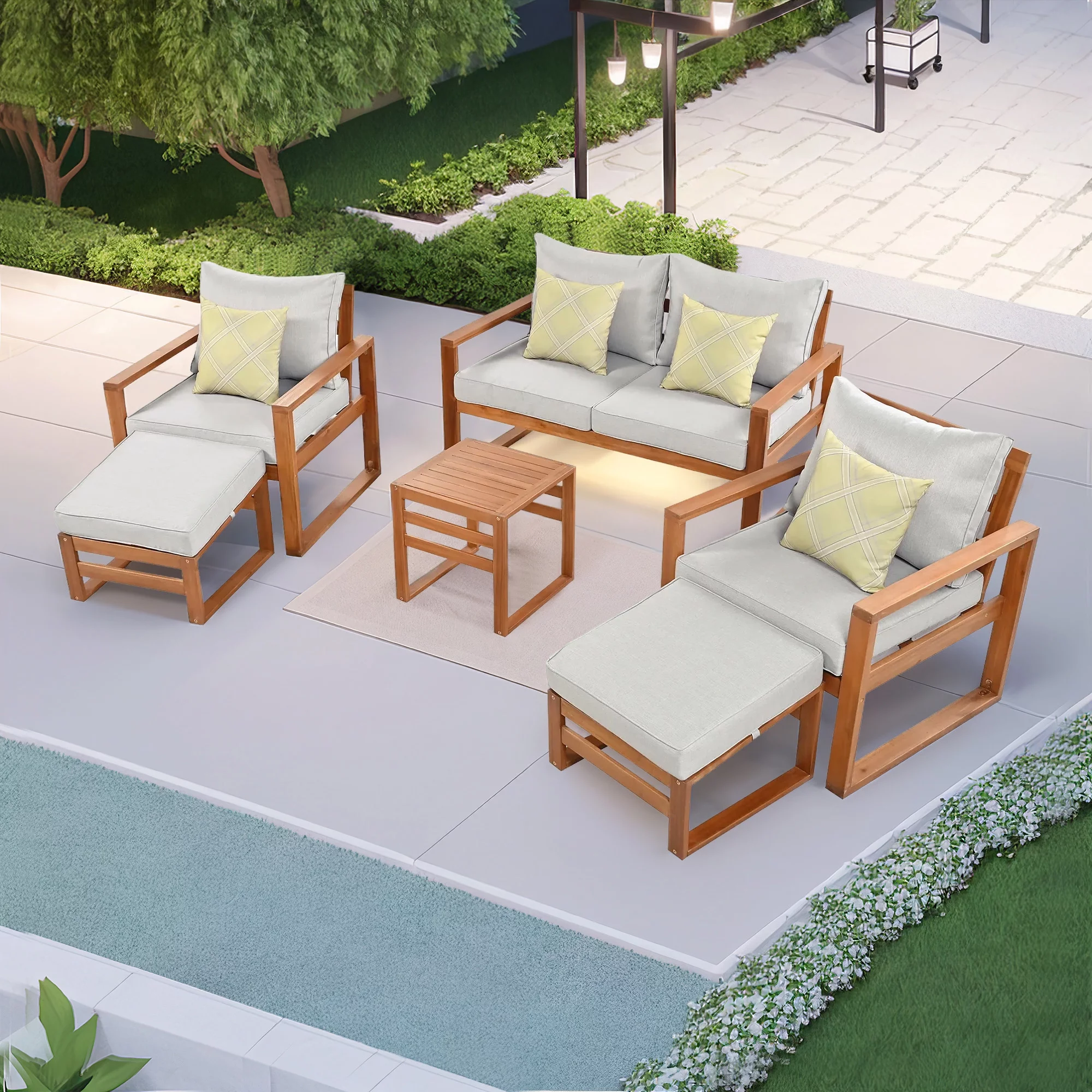 6-Piece Outdoor Patio Conversation Set, Wood Sectional Garden Furniture Set with Ottomans and Cushions for Backyard, Poolside, Balcony, Grey