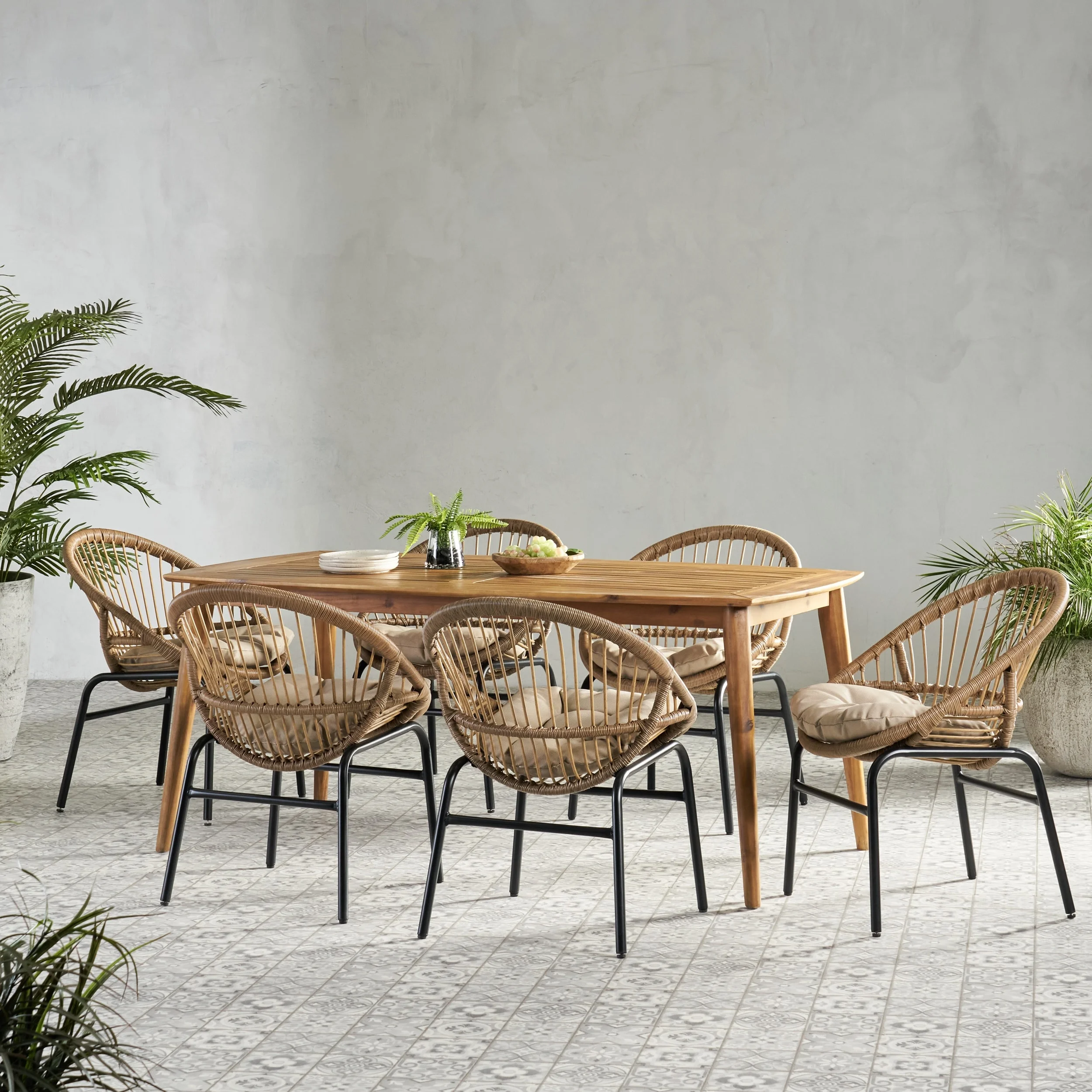 Christopher Knight Home Marten Outdoor  Outdoor Wicker and Acacia Wood 7 Piece Dining Set with Cushion by