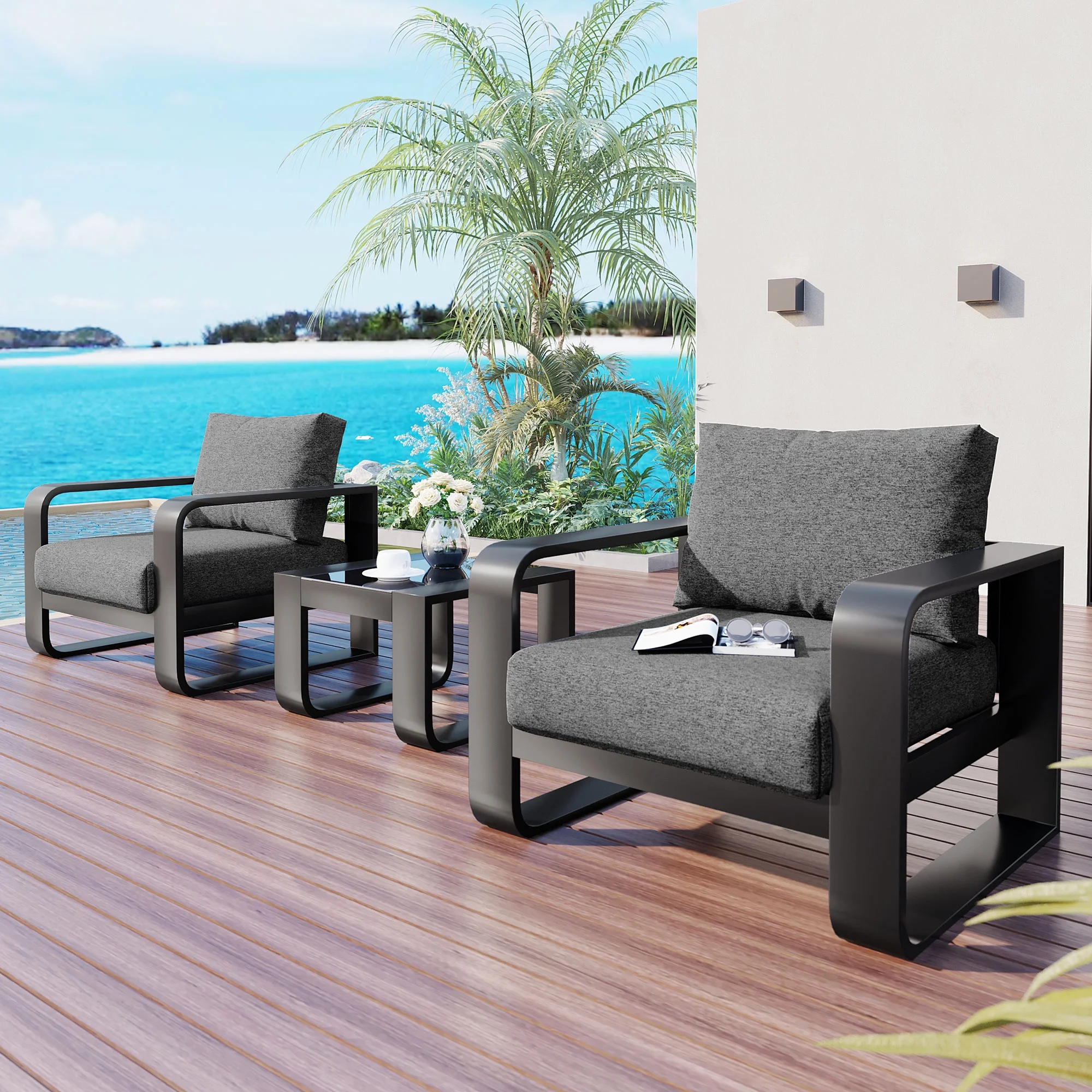 Churanty 3 Pieces Patio Aluminum Frame Furniture Sets Outdoor Conversation Chairs Sets for 2 with Thick Cushion and Coffee Table for Garden Backyard Porch Poolside, Black+ Gray