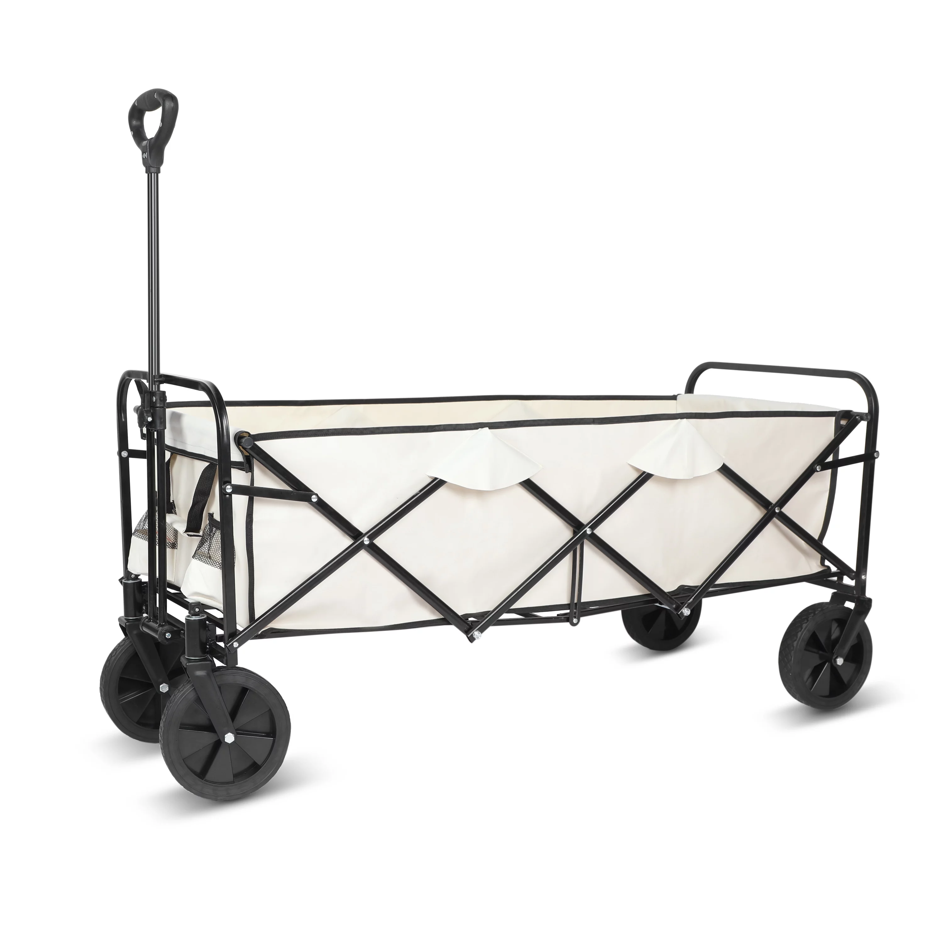 Extended Folding Utility Wagon, 330LBS Heavy Loaded Collapsible Garden Cart with Anti-Slip Wheels, Adjustable Handle and Side Pockets, Large, White, X-Large
