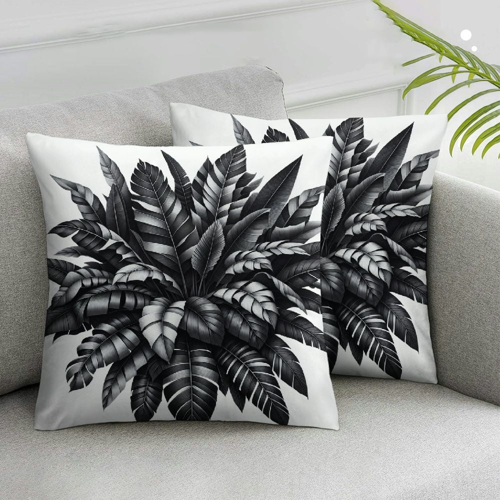 AWERP Black White Tropical Plants Monstera Leaf Areca Palm Banana Leaves 2-Piece Plush Pillowcase Set for Home Decor White
