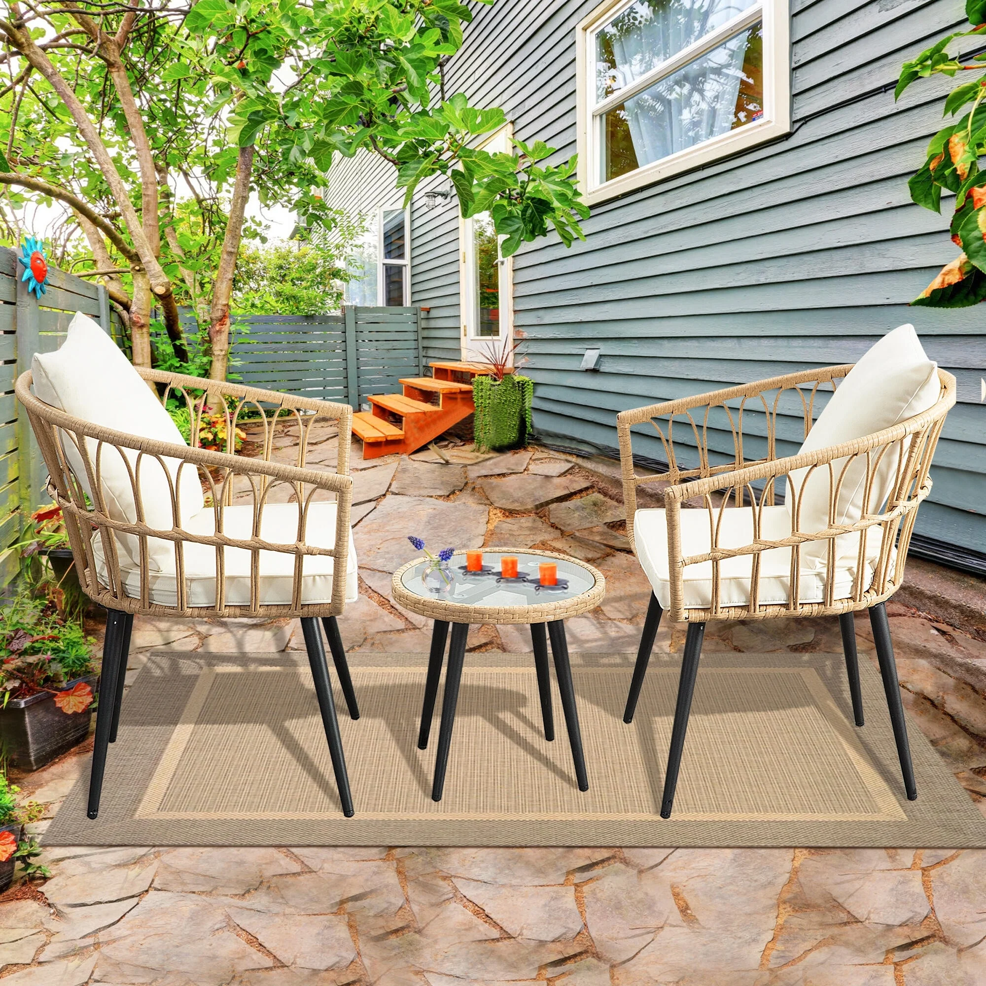 JUSTMAE 3PCS Rattan Wicker Patio Conversation Set Outdoor Table and Chairs-Beige - Set of 3