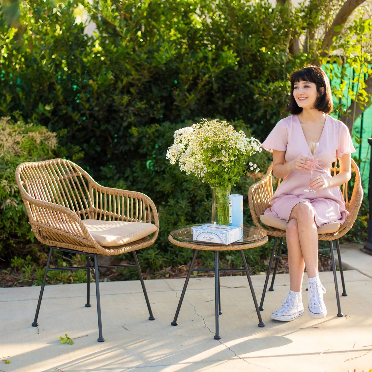 3pcs Outdoor Bistro Chat Set Patio Conversation Wicker Chairs Glass Table with Seat Cushions, Beige