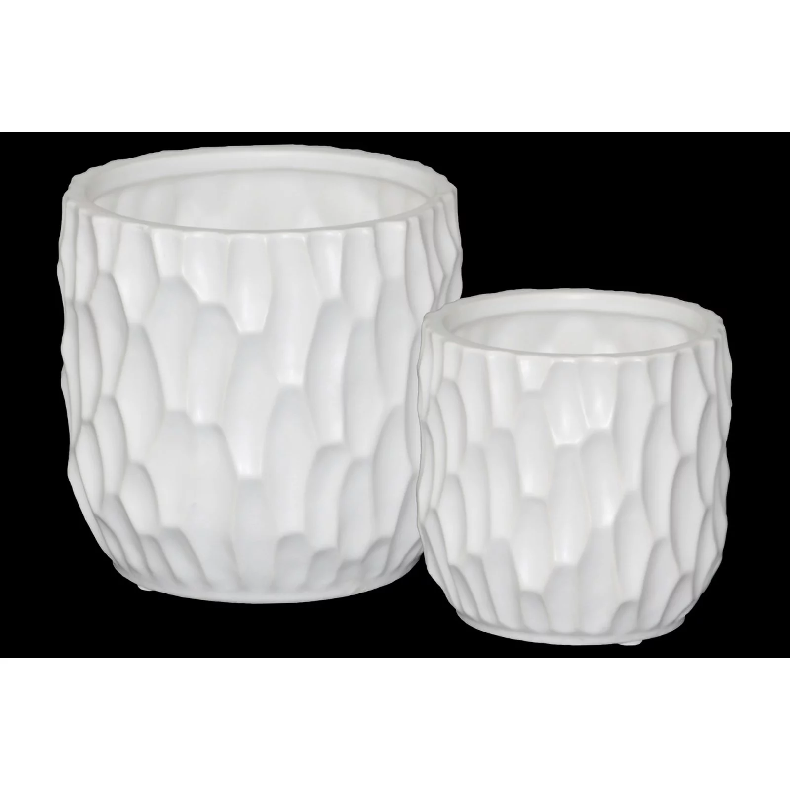 Ceramic Cylindrical Pot with Wide Mouth and Embossed Rectangle Design Body Set of Two Matte Finish Black