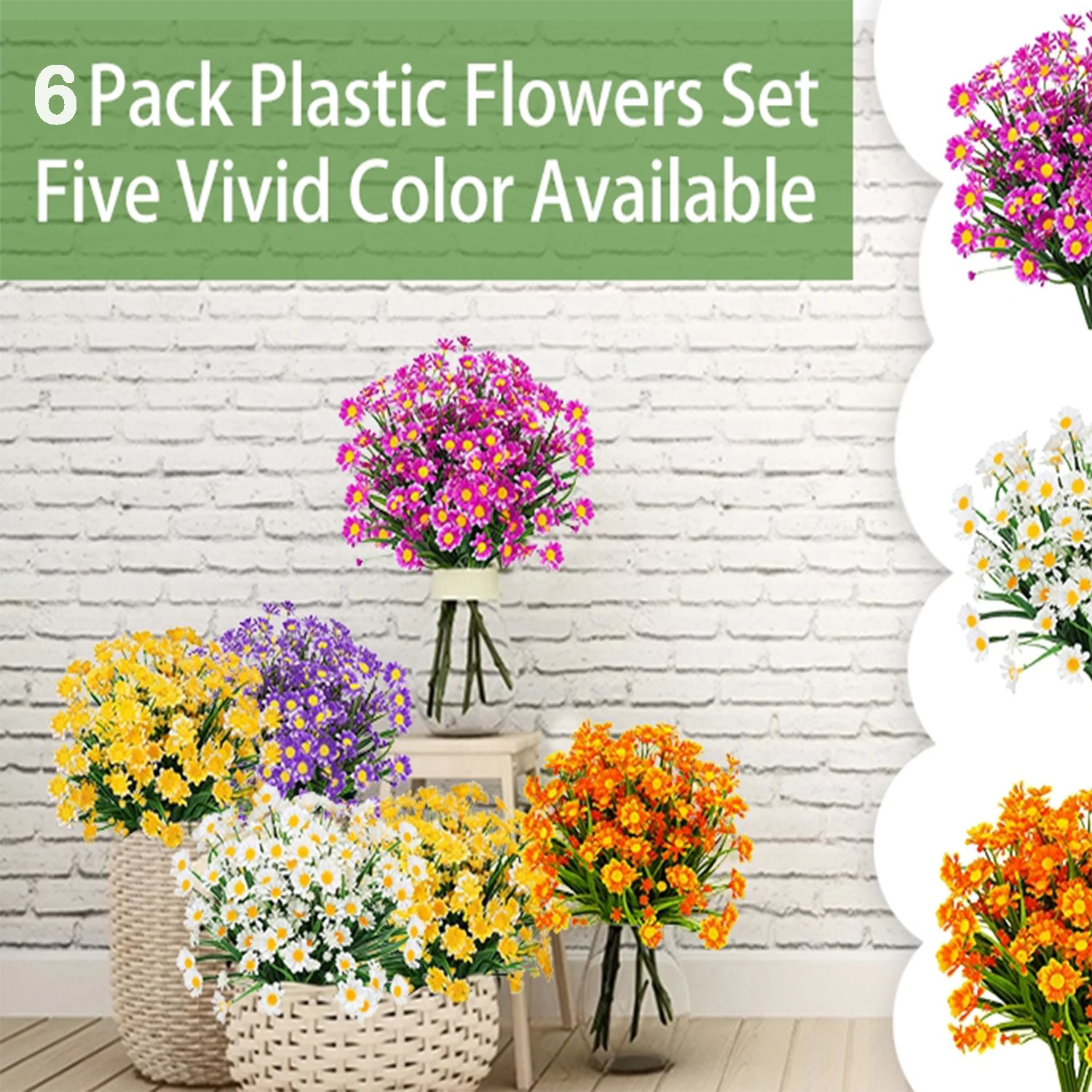 Viworld Artificial Daisies Flowers Outdoor UV Resistant 6 Bundles Fake Foliage Greenery Faux Plants Shrubs Plastic Bushes for Window Box Hanging Planter Farmhouse Indoor Wedding Home Decoration