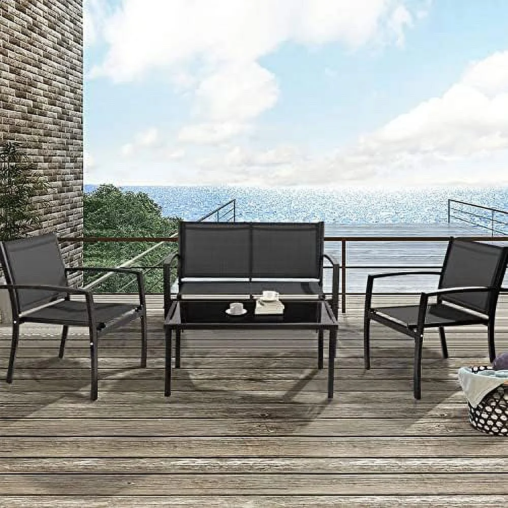 4 Pieces Outdoor Patio  Set Conversation Set with Glass Coffee Table Bistro Set with Loveseat Garden Yard Lawn and Balcony (Grey)