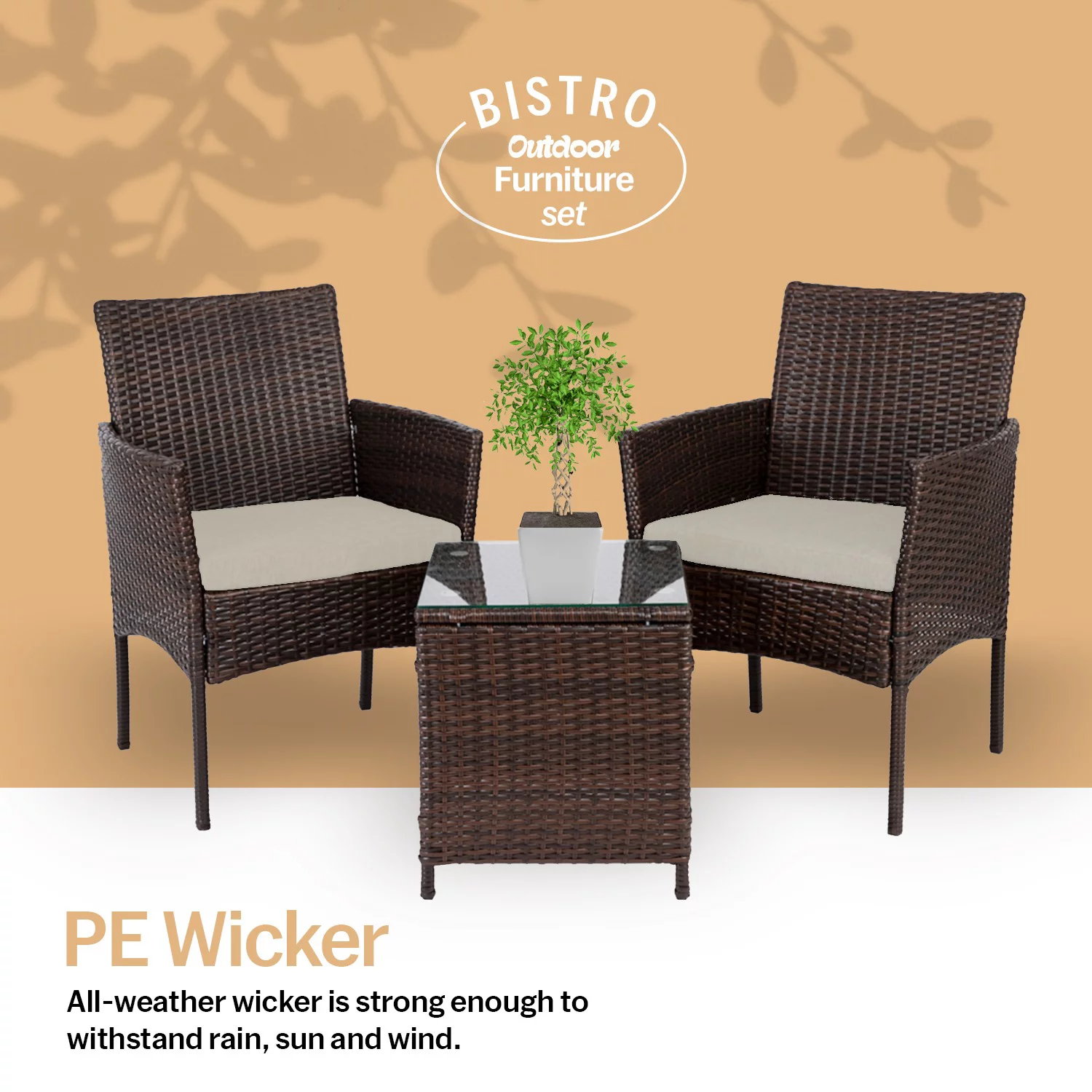 Eva 3 Piece Quality Rattan Outdoor Furniture Set – 2 Durable Chairs With a Solid Tea Table - Beige