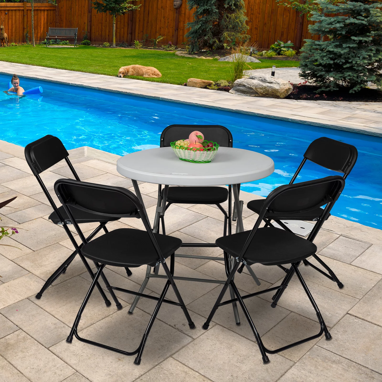 6-Piece Black Classic Garden Plastic Folding Chair Set with Injection Molding Technology